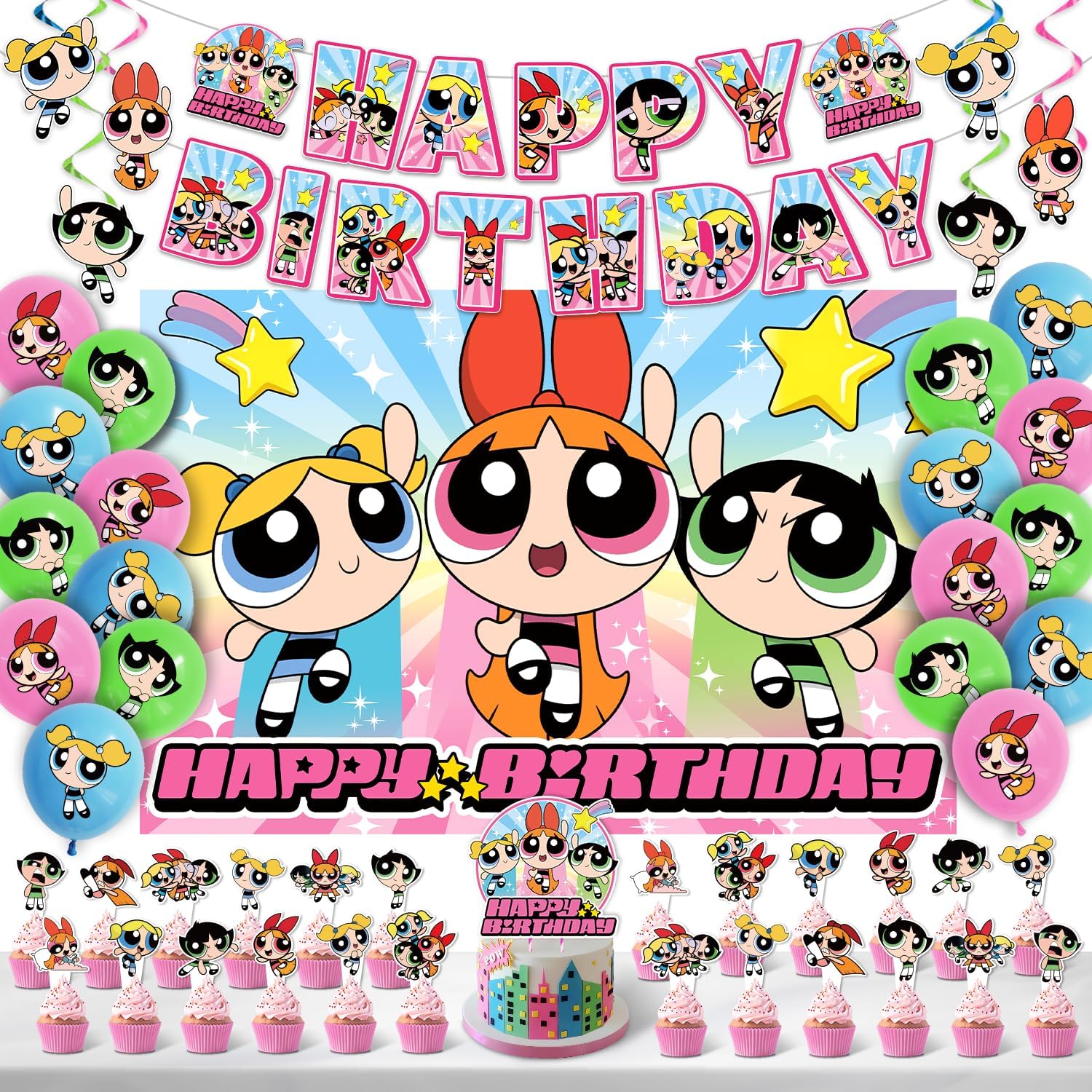 Girls Party Decorations Set - Happy Birthday Banner, Cupcake Toppers, Balloons for Kids Birthday Supplies, Cute Baby Shower Decor