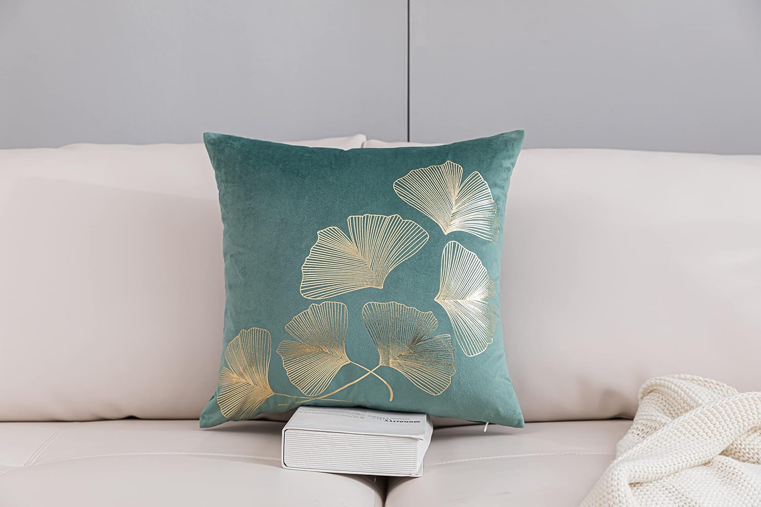 Gold Ginkgo Leaf Pattern Solid Velvet Pillow Cover Set of 2 (18" x 18", Gray)