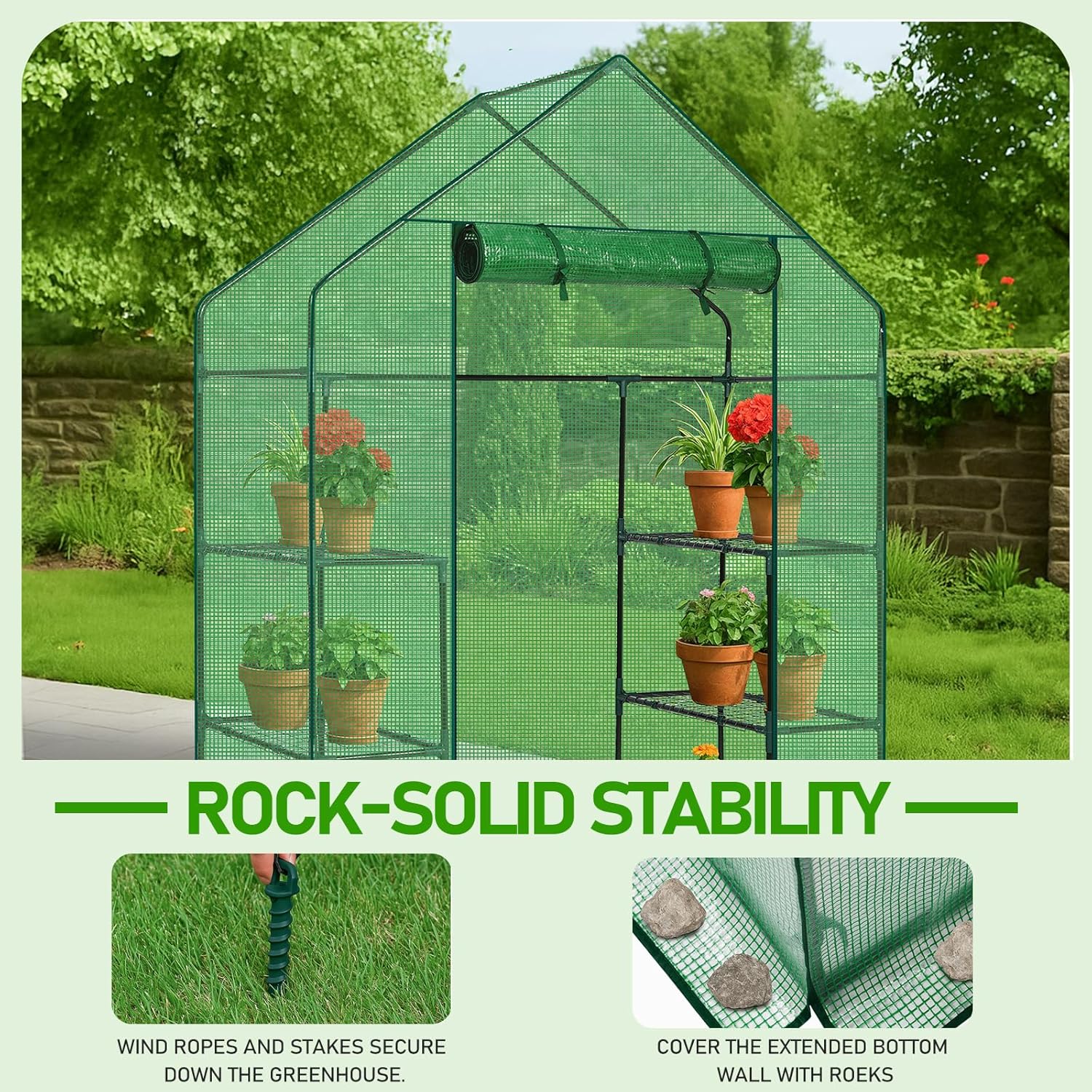 Greenhouse for Outdoors,Walk in Plant Greenhouses with Shelves,Heavy Duty with Durable PE Cover,Plant Stands Portable Green House for Garden Plants (Green)