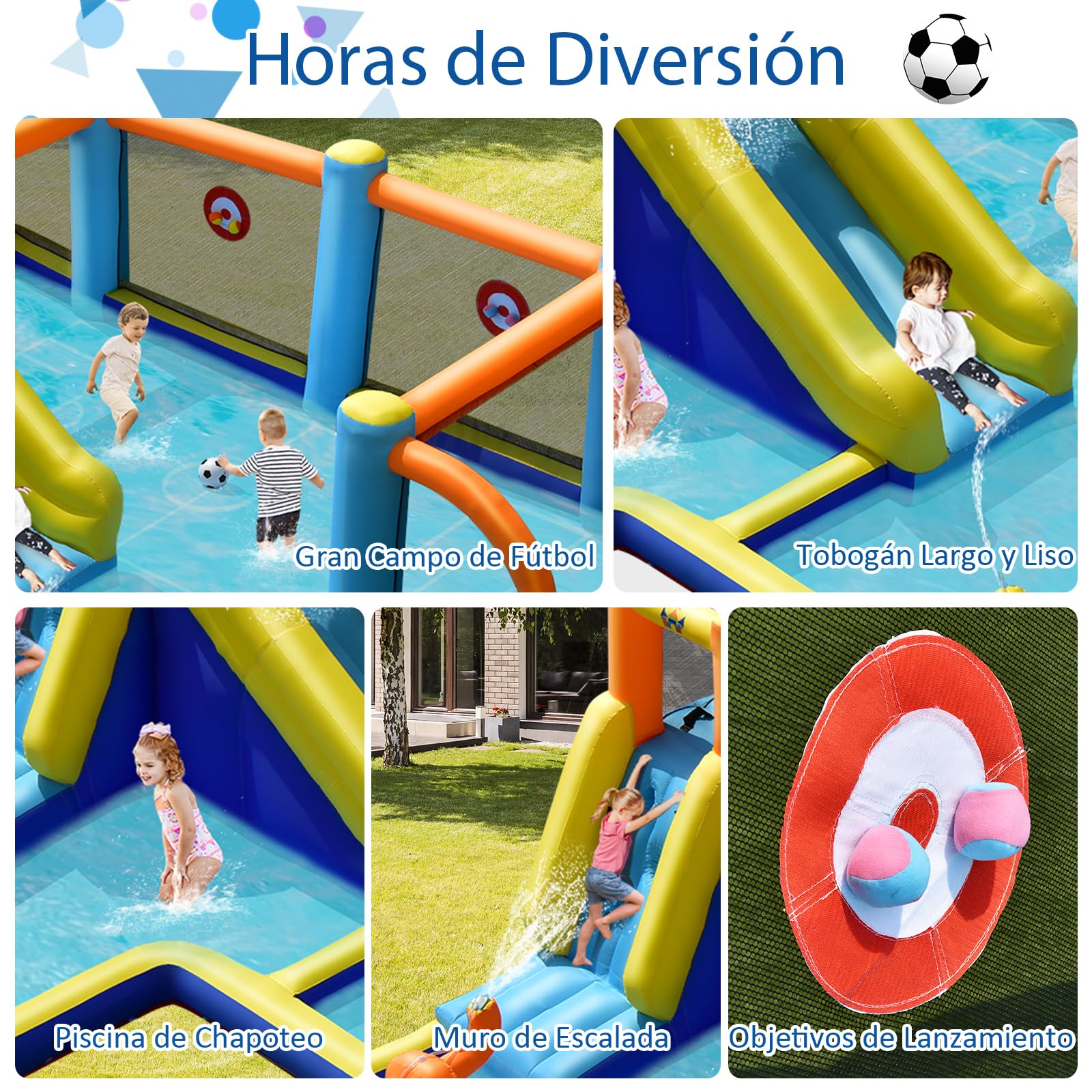 GOPLUS Castillo Hinchable Acuatico para Niños de 3-12 Años, Castillo Inflable Infantil Exterior, Cosido de Material Extra Rueso, Tobogán Acuatico, Pared de Escalada, Piscina, Zona Fútbol, Soplador