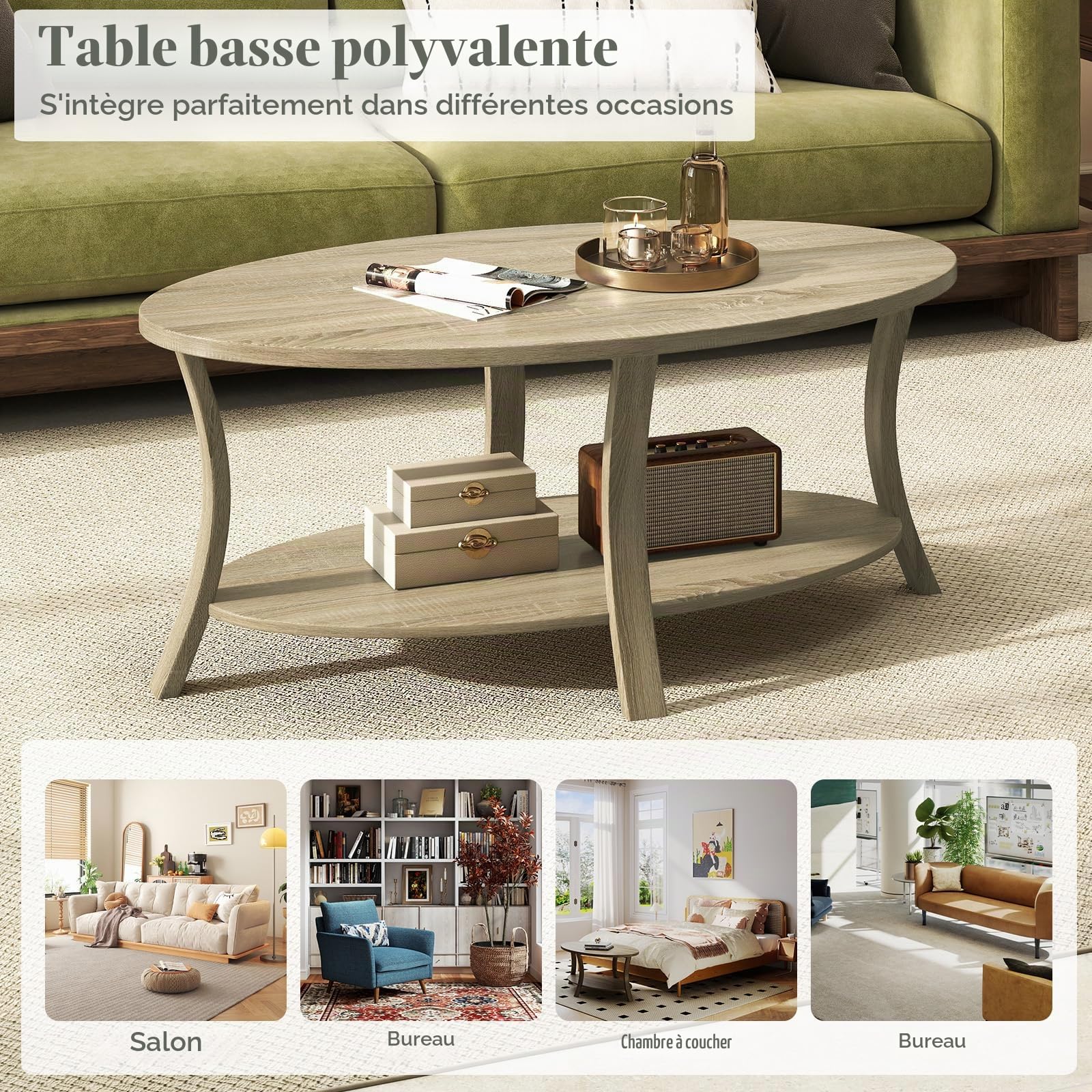 LIFEZEAL Table Basse Ovale en Bois d'Hévéa,Table Basse à 2 Niveaux avec Étagère de Rangement, Table de Salon Rustique pour Salon, Maison, Bureau, 111 x 60,5 x 47 cm (Naturel)