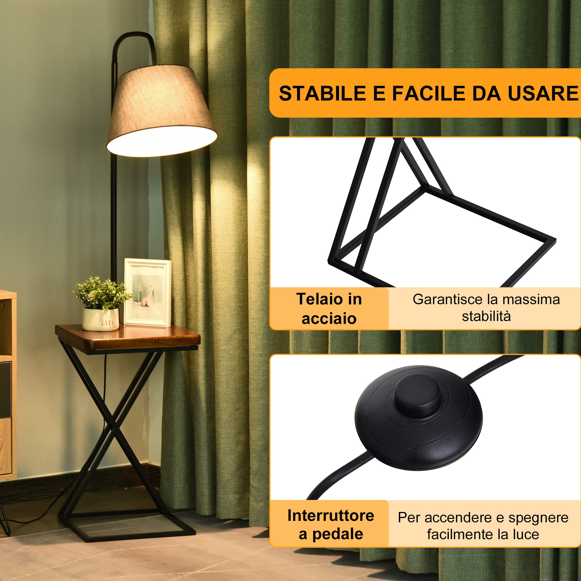 HOMCOM Lampada da Terra Moderna con Caricatore Wireless 36x36x165 cm | Testa Flessibile, per Soggiorno, per Camera da Letto, per Ufficio