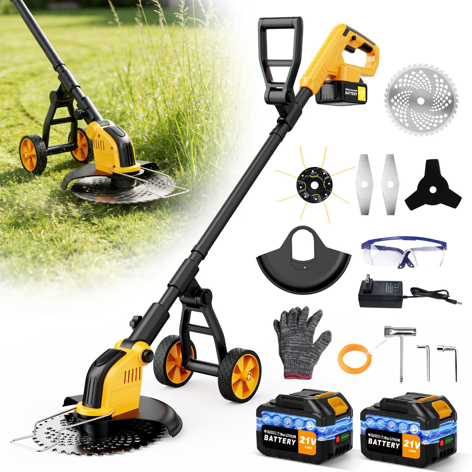Débroussailleuses Electrique sans Fil avec Roue,30CM Coupe Bordures sans Fil avec 2*3.0Ah Batterie et Chargeur&4 Types Lames,Moteur Brushless 800W,Debrouissalleuses a Batterie pour Jardin et Pelouses