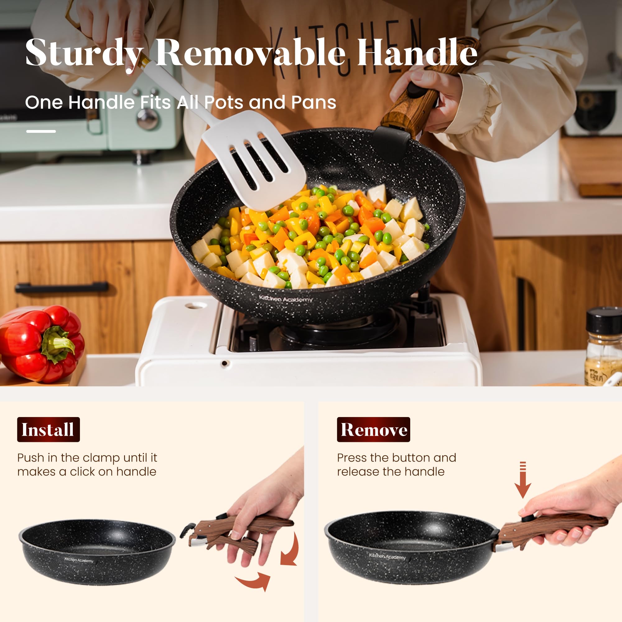 Kitchen Academy 10 PCS Batterie Cuisine Induction avec Poignée Amovible | Batterie de Cuisine Tout-Feux, Revêtement Antiadhésif en Granit Empilable Convient aux Camping-Cars et au Camping