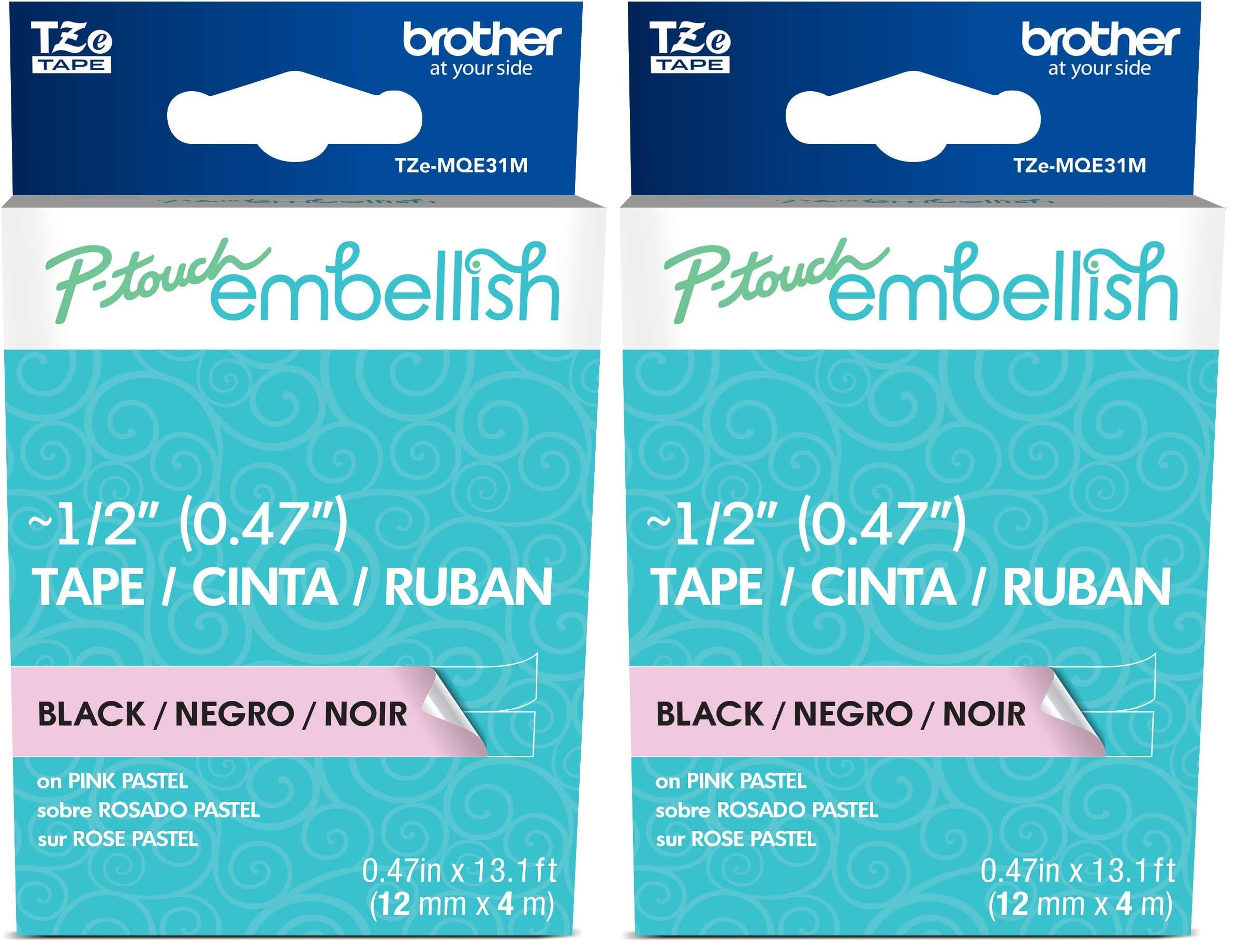 Brother P-Touch Embellish Black Print on Pastel Pink Tape TZEMQE31M – ~½” Wide x 13.1’ Long for use with P-Touch Embellish Ribbon & Tape Printer (Pack of 2)