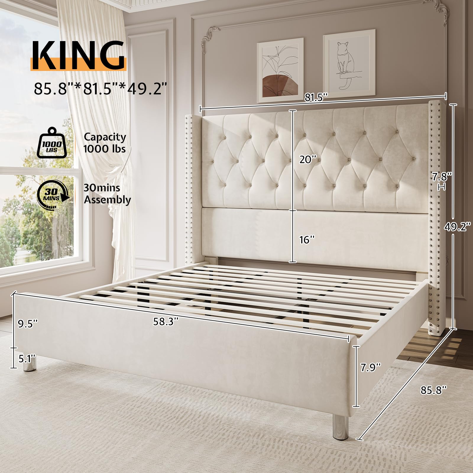 Condition photo showing New/Like New for bed frame king size velvet tufted upholstered bed low profile platform bed raised wingback headboard/wood slats support/no box spring needed/easy assembly/cream