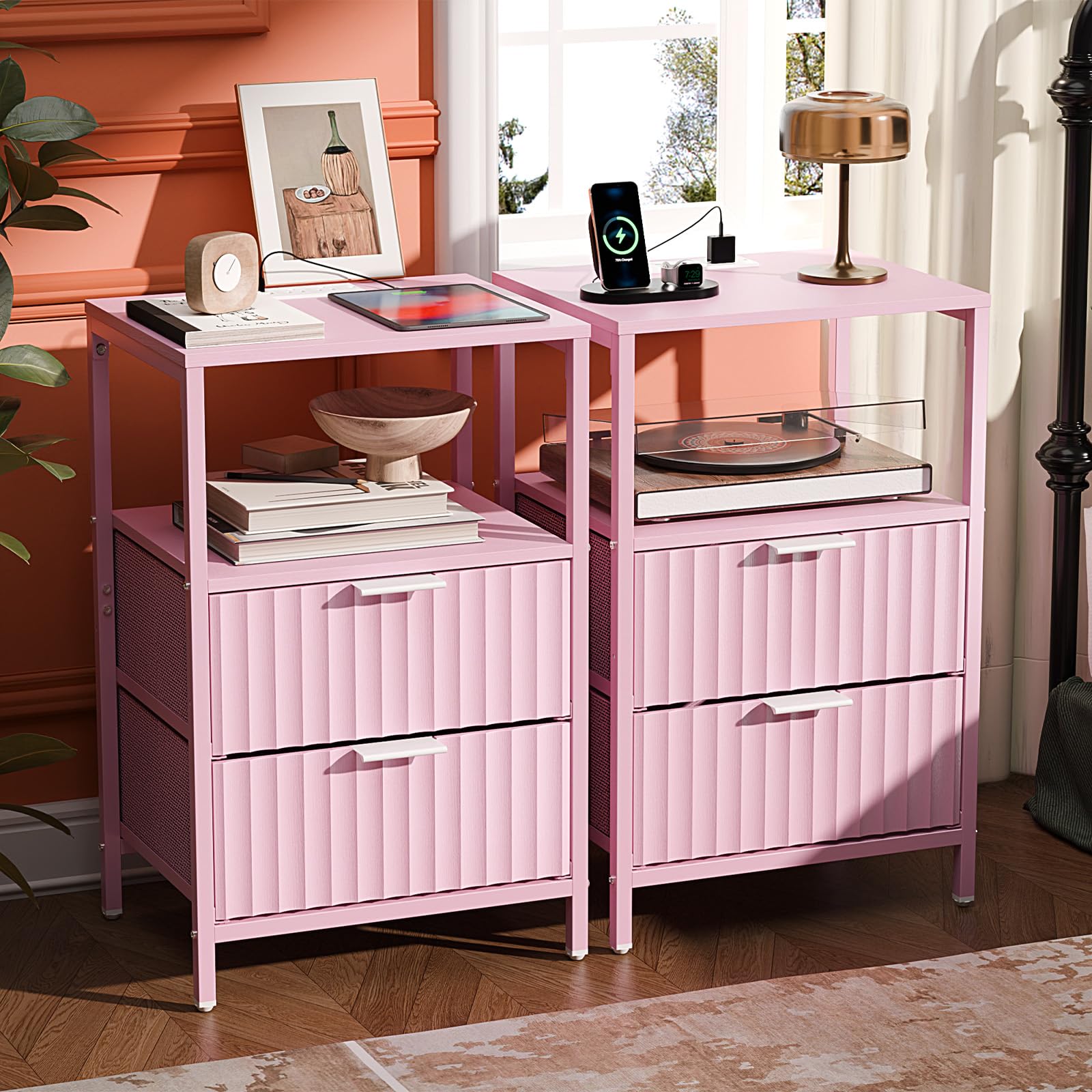 VINGLI Night Stand Set 2 with Fabric Drawers, Pink Nightstands with Charging Station, Fluted Nightstand Pink Bedside Table/Side Table for Bedroom, Night Stand Small with Charging Station for Kids Room
