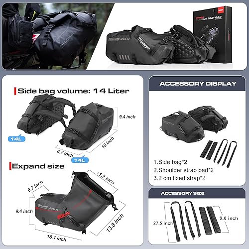 Miniatura 2 de Rhinowalk Bolsas de sillín de motocicleta, alforjas de motocicleta impermeables, bolsa de hombro 48L (24L*2), para la mayoría de los bastidores de