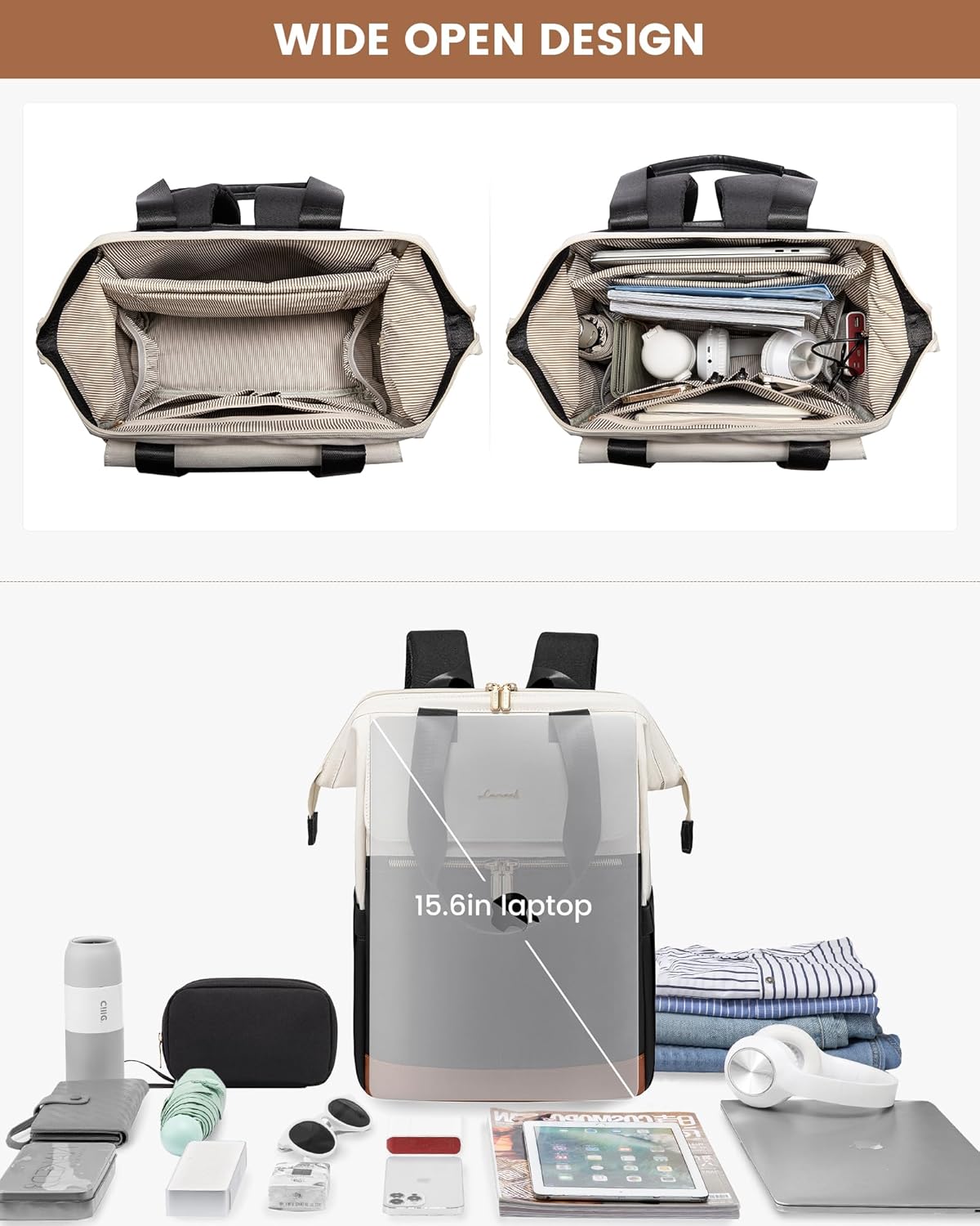 LOVEVOOK Laptop Backpack for Women, 15.6 Inch Work Laptop Bag with USB Port, Fashion Teacher Nurse Backpack Purse, Waterproof Travel Computer Backpack with Organizer Bag, 2PCS, Beige-Black - Image 8