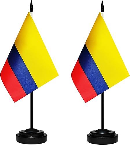 Juego de banderas de escritorio de Colombia, paquete de 2 banderas de mesa colombianas, mini bandera de escritorio pequeña con poste negro sólido de