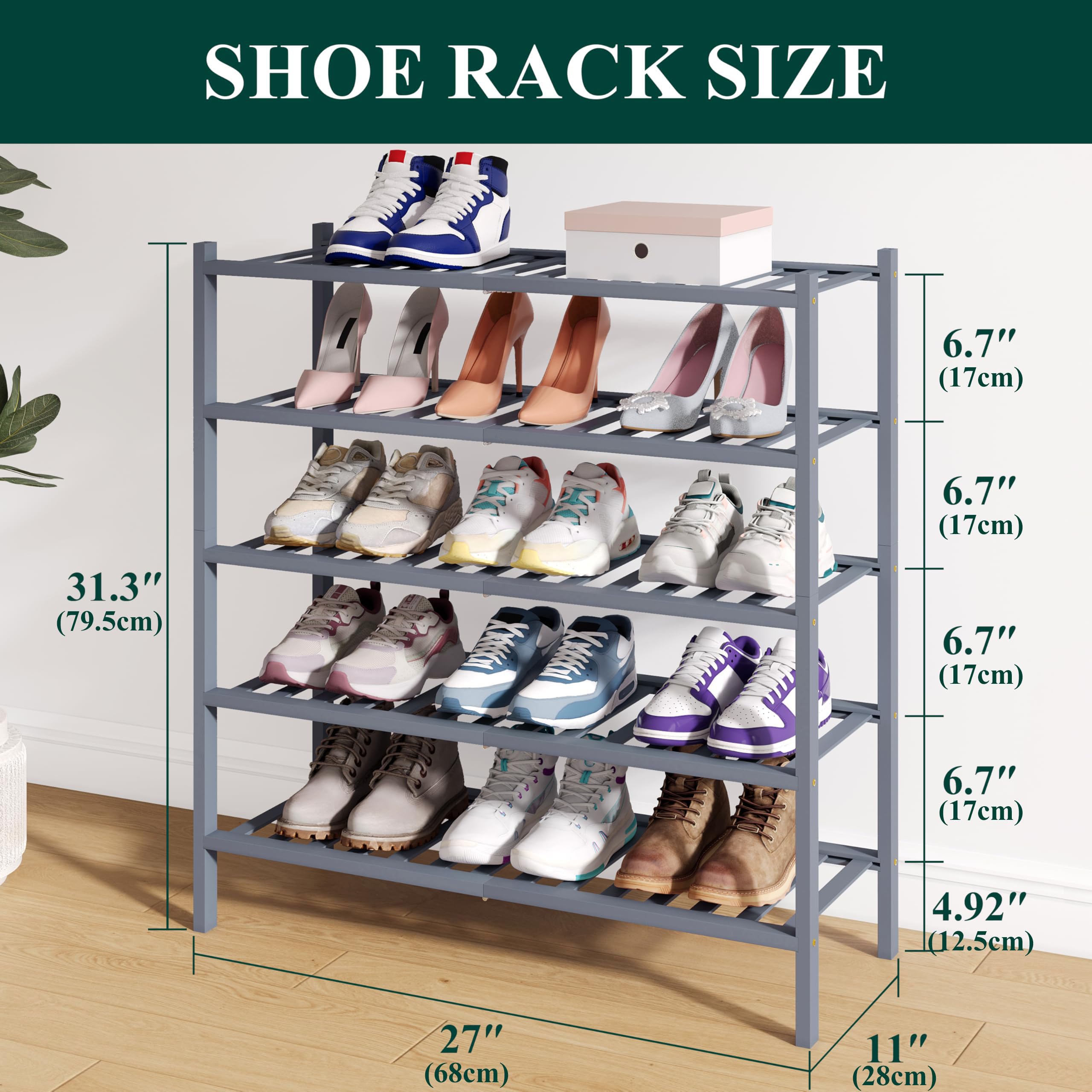 smiry Schuhregal aus Bambus, Schuhregal Platzsparend mit 5 Ebenen, Erweiterbar Stapelbar Shoe Rack, Schuhablage für Flur,Wohnzimmer, Schlafzimmer, Badezimmer, Grau