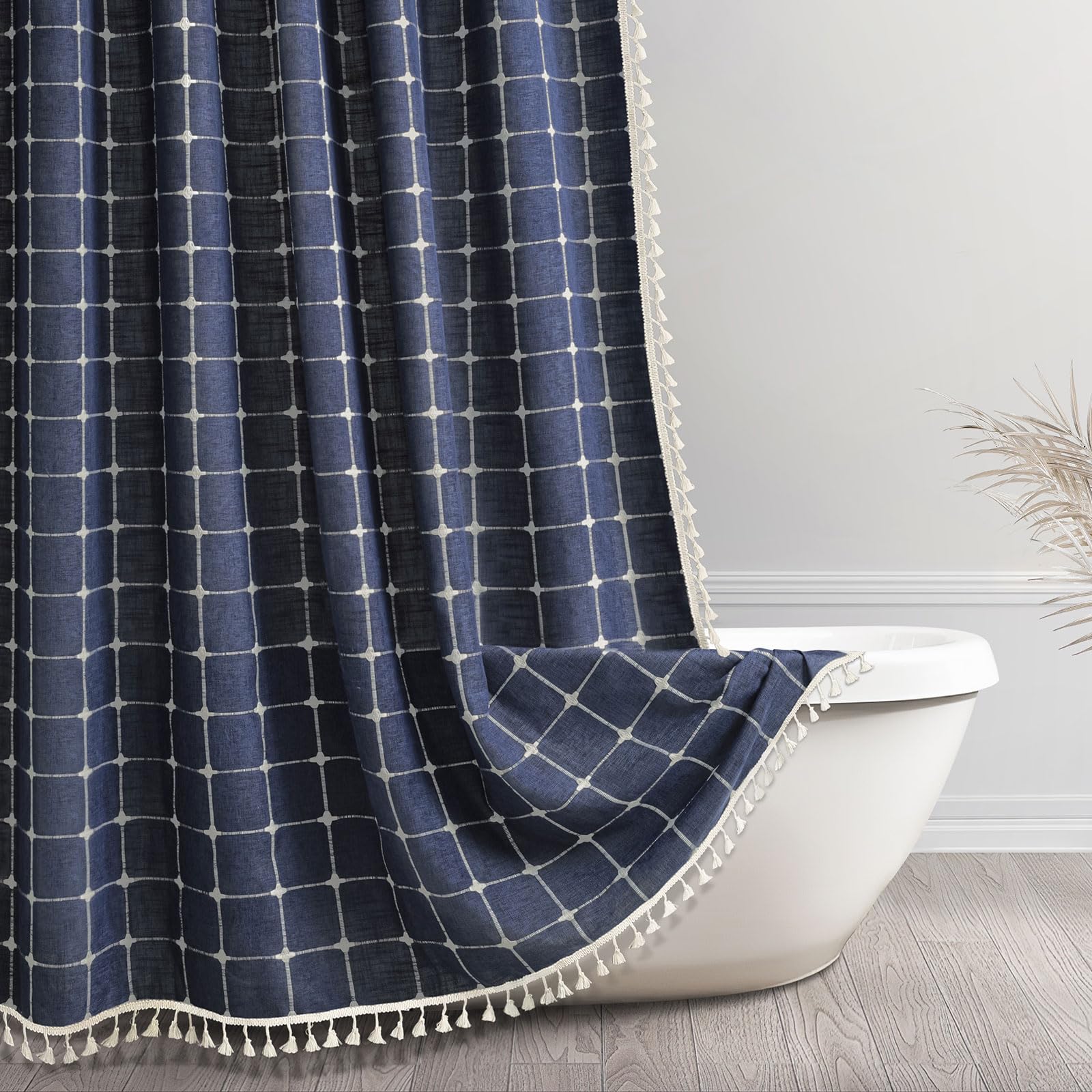 Awellife Navy Blue Farmhouse Shower Curtain with Tassels, Country Cottage Lattice Bathroom Decor Minimal Boho Linen Bathroom Shower Curtain Set with Hooks, 36x72 (72" L x 36" W)