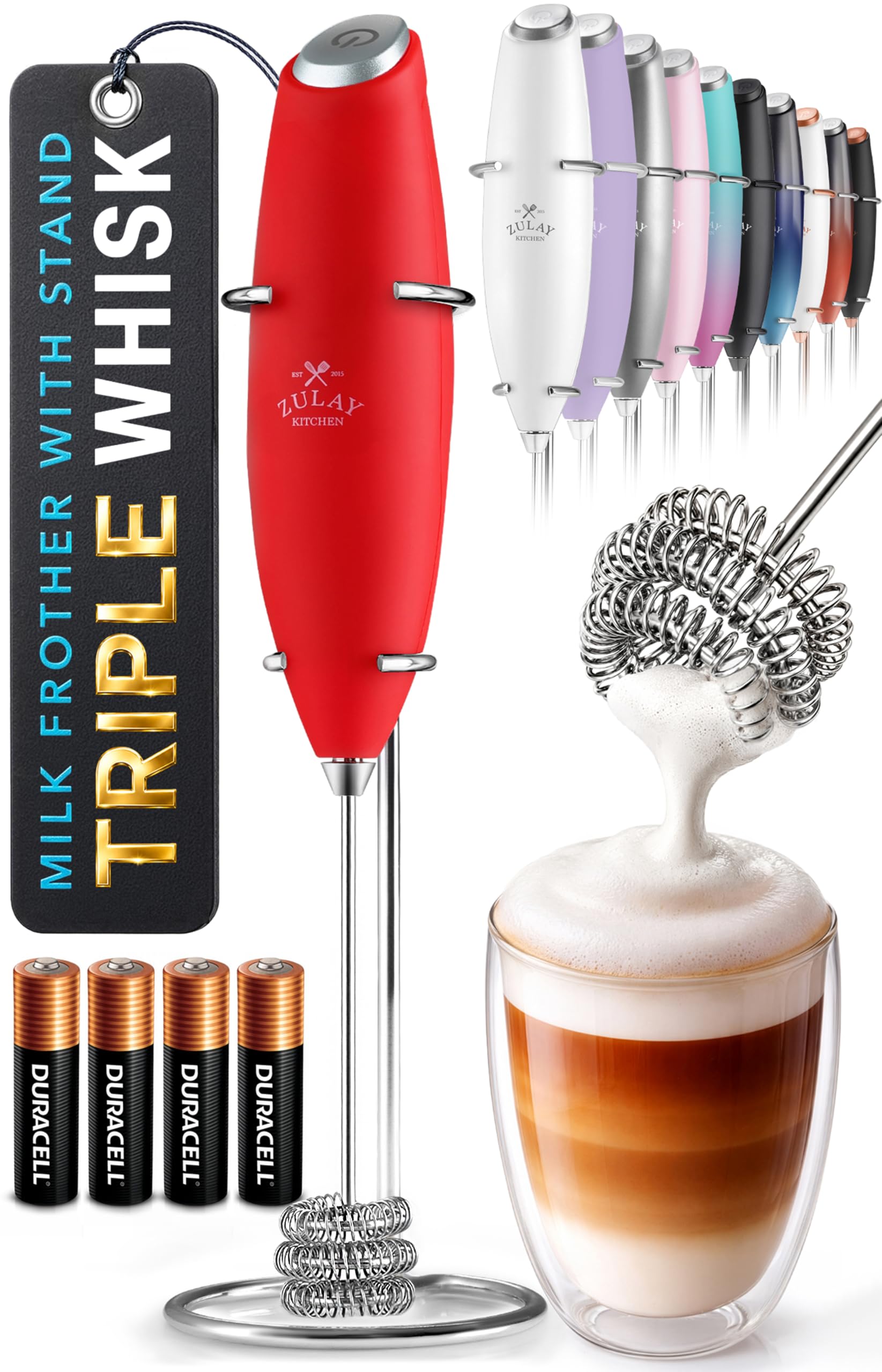 Zulay Kitchen Powerful Milk Frother Wand With Duracell Batteries - Ultra Fast Handheld Drink Mixer - Electric Whisk Foam Maker for Coffee, Lattes, Cappuccino &amp; Matcha - Triple Whisk - Maroon Red