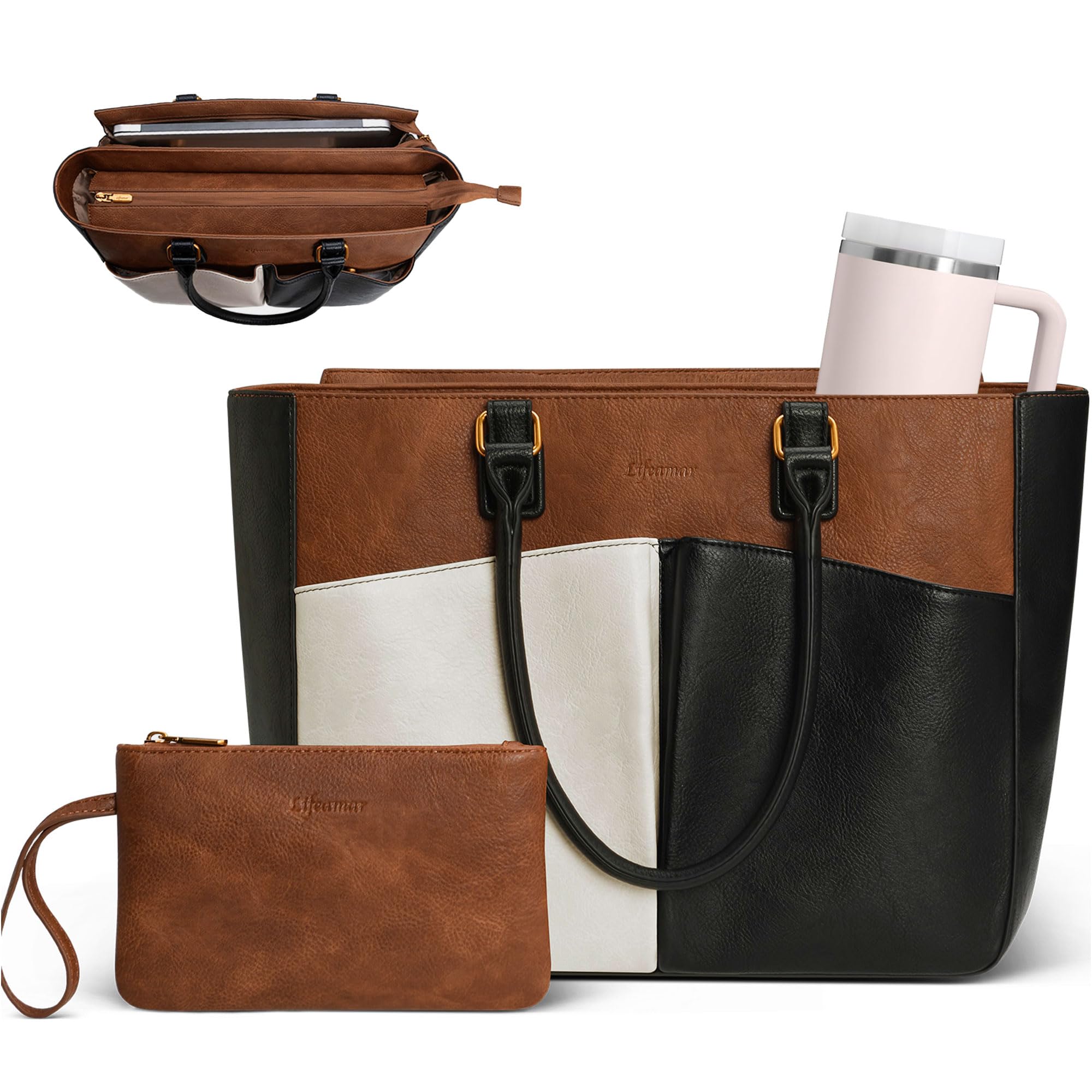 Laptop Tote Bag for Women, Leather Work Tote with Padded Laptop Compartment, Cup Holder, Office Computer Briefcase