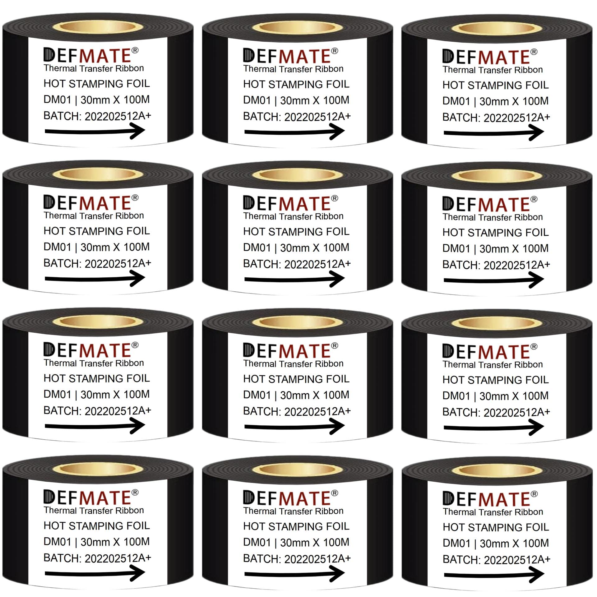 DEFMATE 12 Rolls 30mm x 100m Black Hot Stamping Foil Thermal Transfer Ribbon Resin for Coder Printer Machine, Black Color Ribbon for Coding Machine