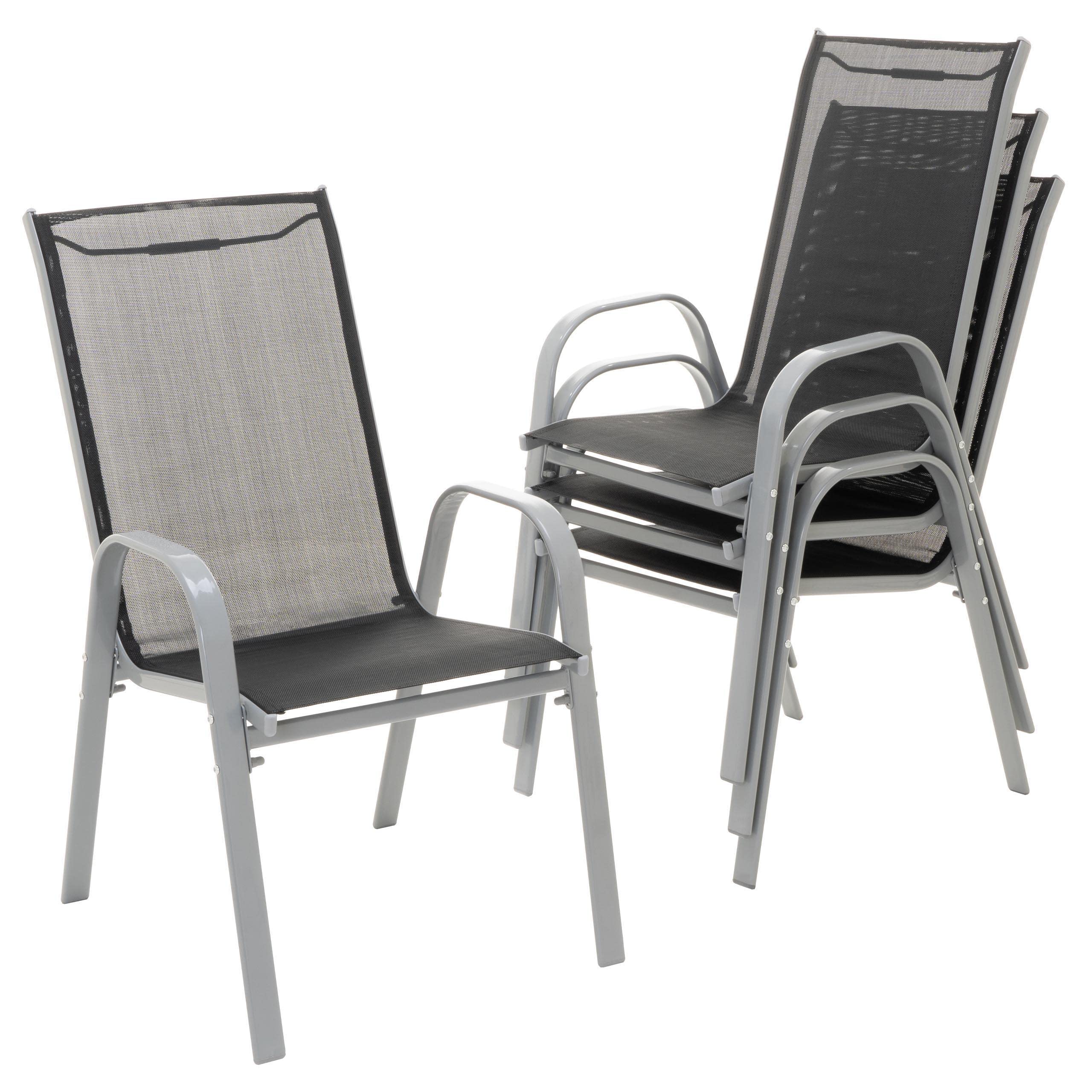 Nexos Trading 2er Set Gartenstuhl Campingstuhl Stapelstuhl Hochlehner Terrassenstuhl – Textilene Stahl stapelbar – Farbe: Rahmen grau/Bespannung schwarz