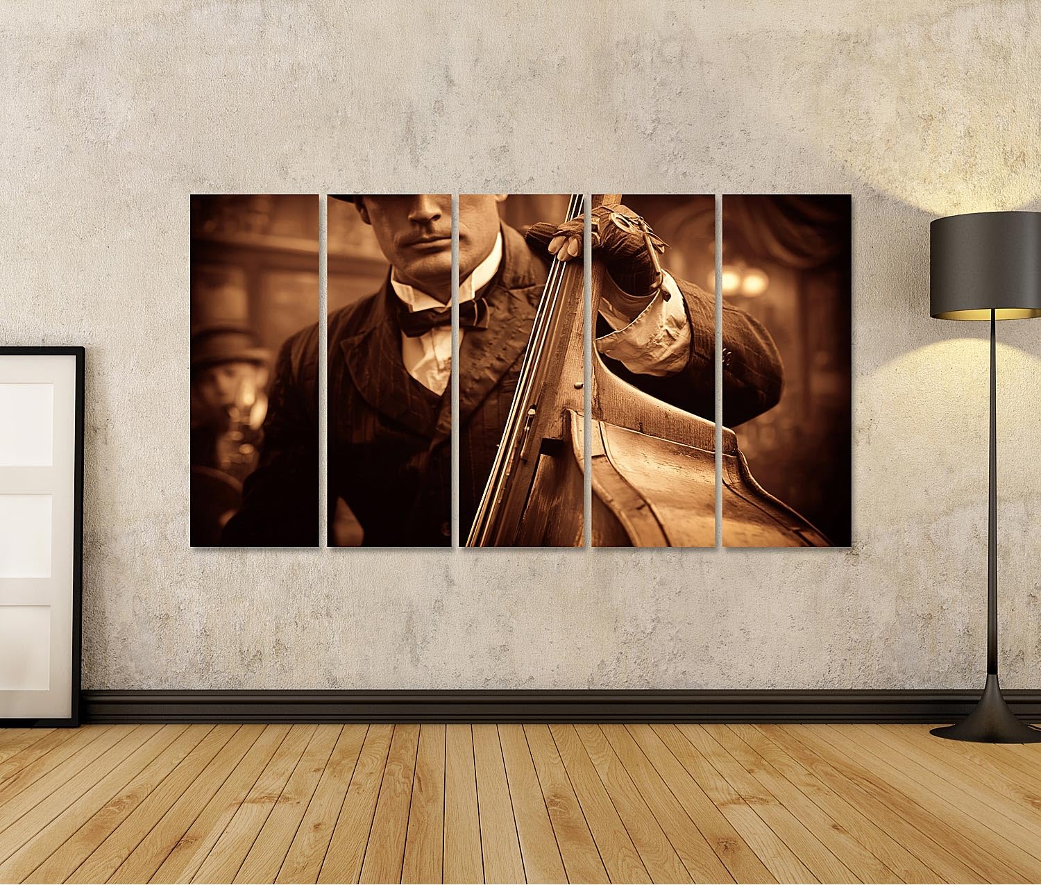 islandburner Quadro su tela di contrabbasso nostalgico jazz club murale soggiorno per gli appassionati di musica – 5 pezzi XXL