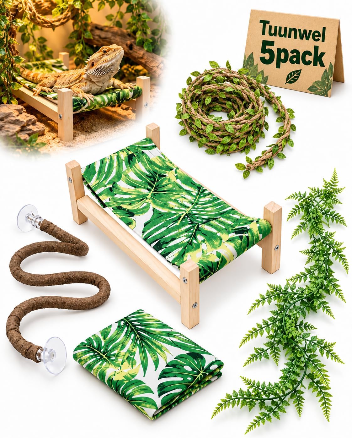 5 in 1 Bearded Dragon Bed,Wooden Reptile Habitat Kit with Replacement Pads