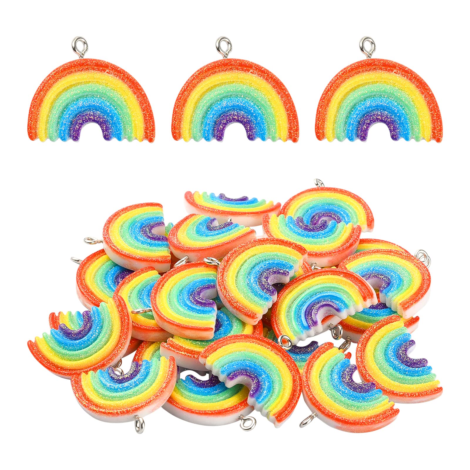 LiQunSweet 50 Pcs Resin Glitter Rainbow Charm Pendants with Loop for Keyrings Case Decoration Jewelry Making, Resin