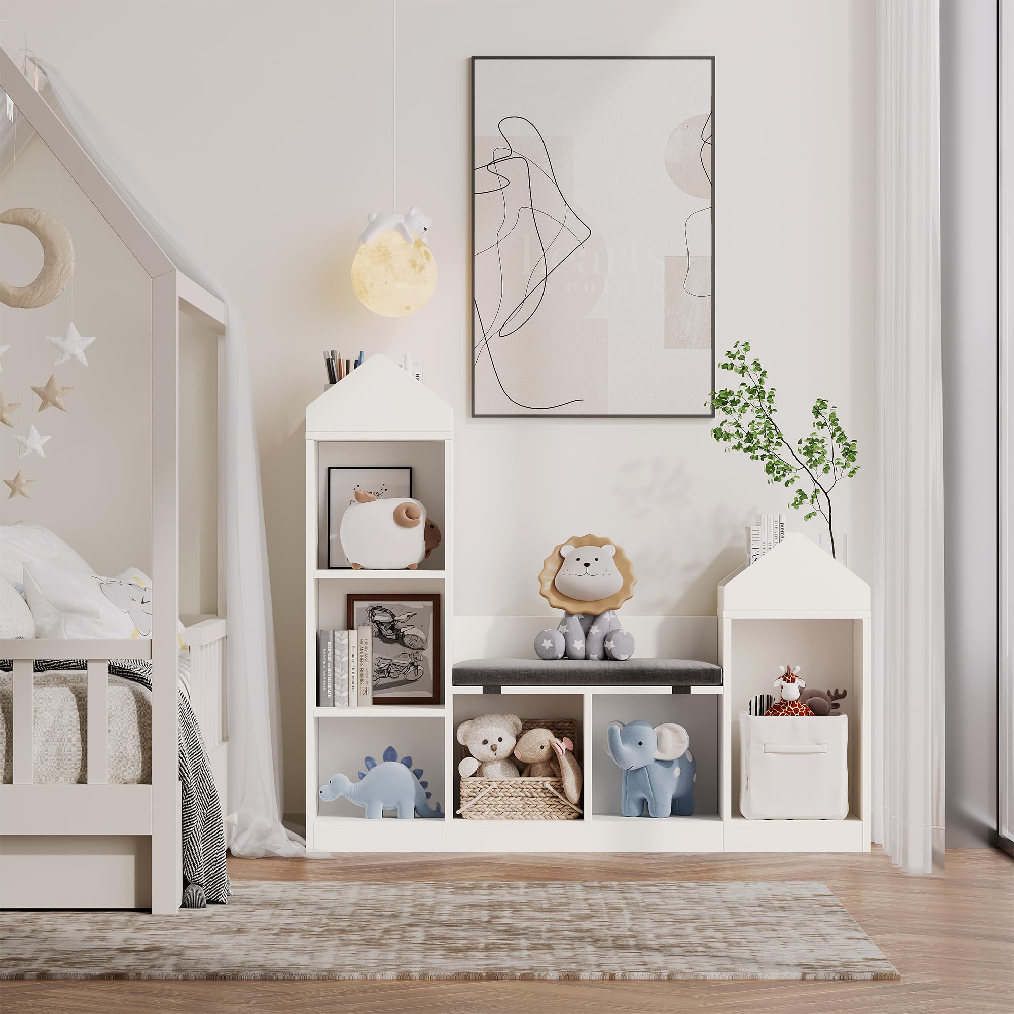 Praktisches Kinder Bücherregal mit 6 Fächern und Sitzkissen – | Holzregal zur Aufbewahrung von Büchern & Spielzeug – Sitzbank für Kinderzimmer und Spielzimmer – 121 x 30 x 108 cm