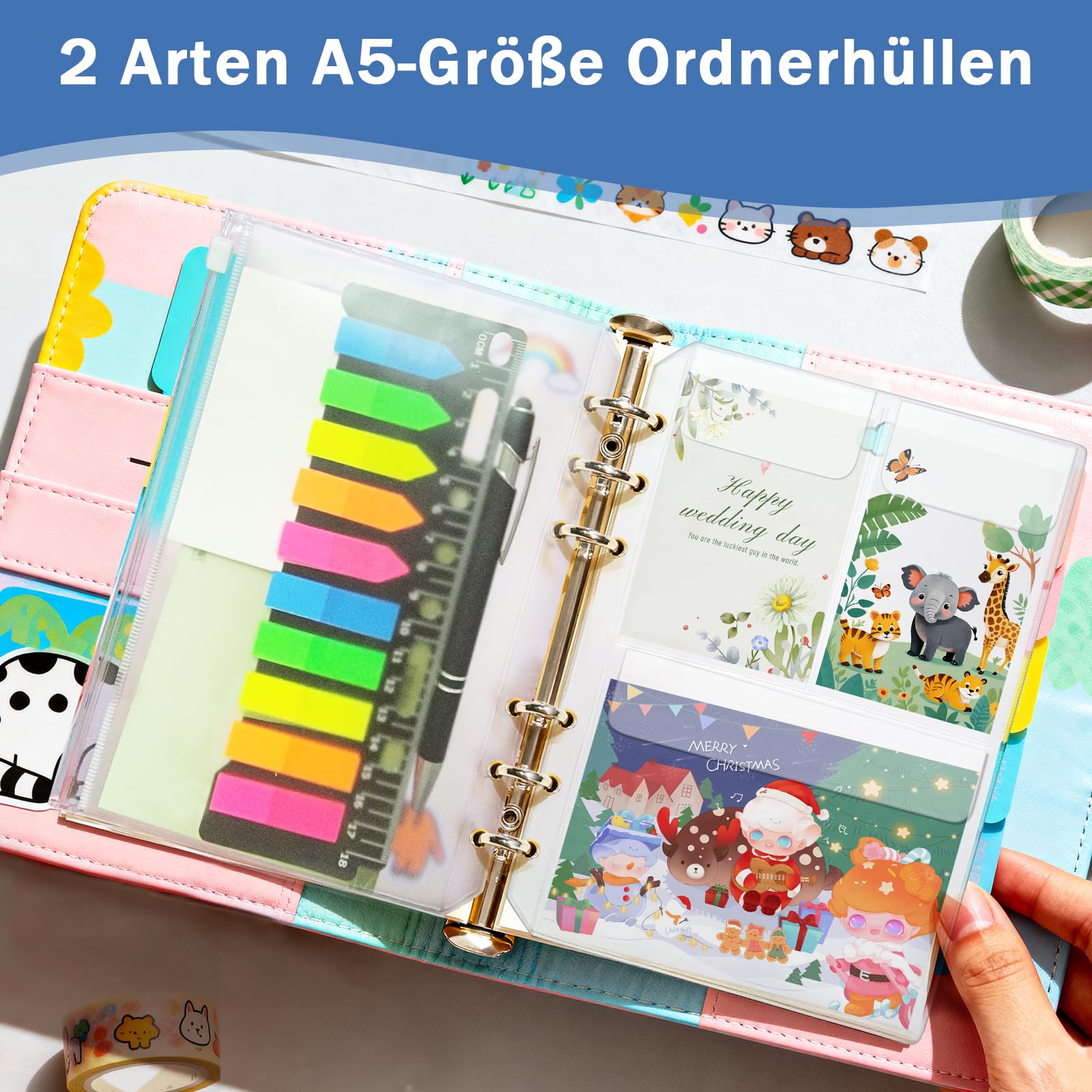 Recharges A5 Colorées 50 Feuilles + 6 Intercalaires + 3 Poches – Papier 6 Trous Ligné Pour Cahier, Agenda, Organiseur
