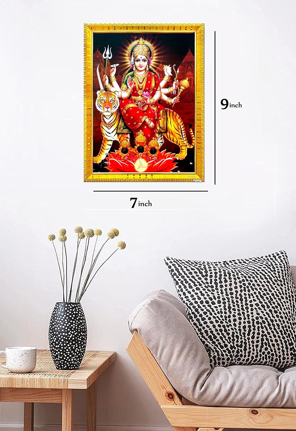 zig zag Durga Maa Photo Frame For Wall / Rectangular Table / Pooja Room ( 7x9 inches, Acrylic Glass)Golden