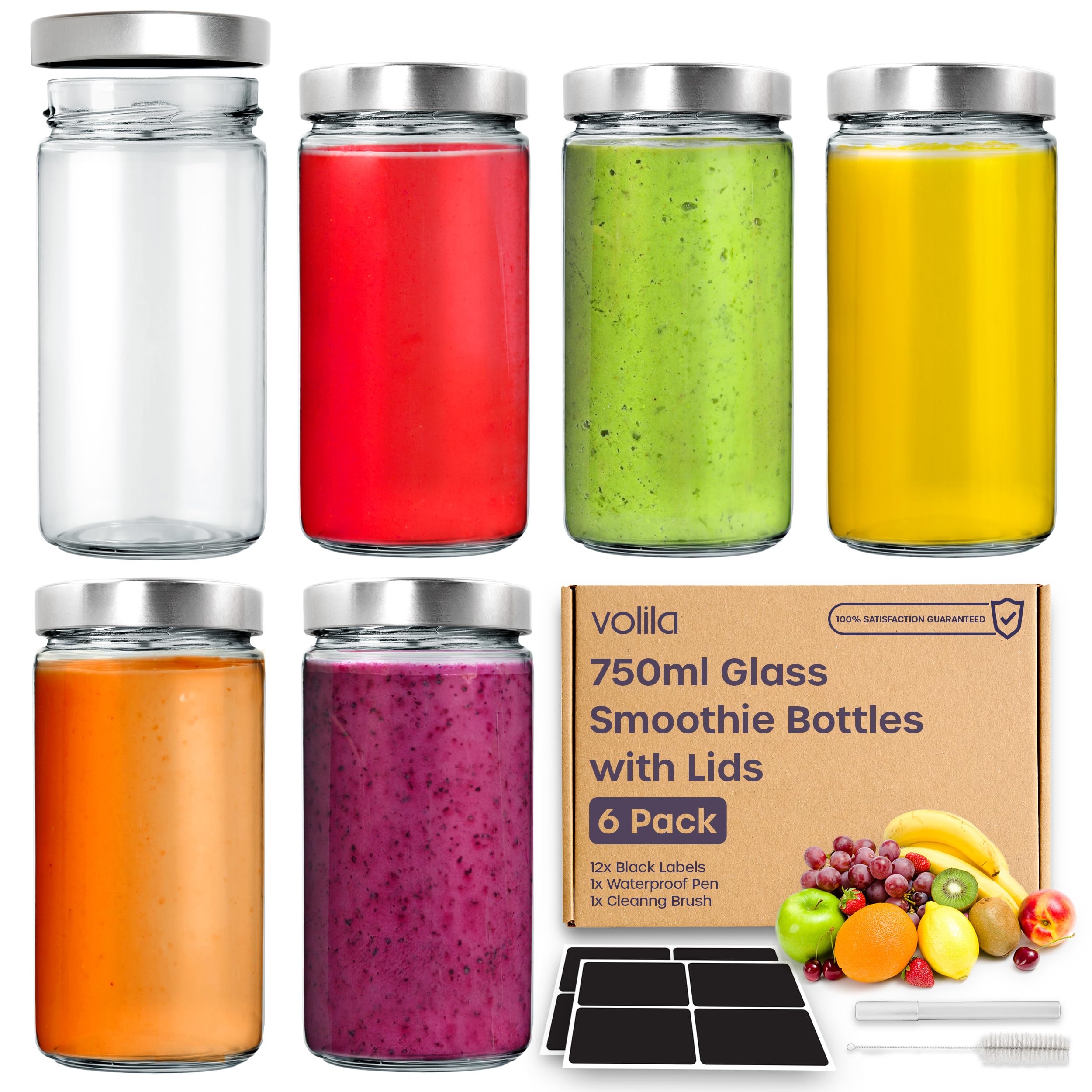 Glass Mason Jars with Lids 750ml - 6 Pack, Leakproof Glass Bottles with Lids for Airtight Seal, Drinking Bottle Ideal for Smoothies, Milkshakes, Sauces, Food Storage, Juices, Beverages, Infused Water