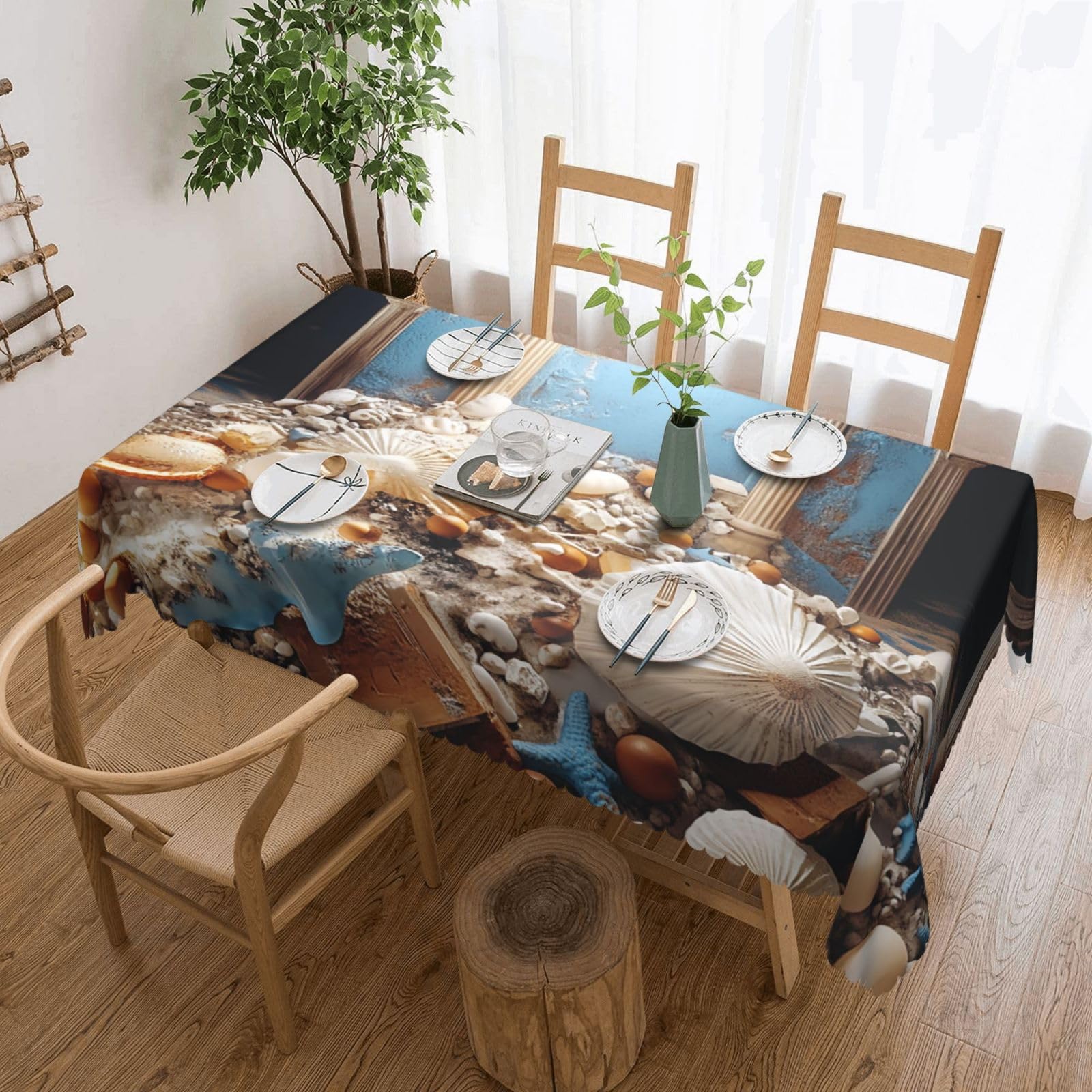 Nappe rectangulaire coquillage en tissu 137x182 cm idéale pour les repas d'été