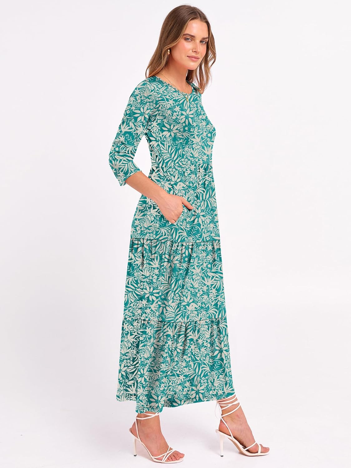 Prinbara Womens 3/4 Sleeve Casual Maxi Floral Dresses 2026 Spring Crewneck A-line Tiered Flowy Summer Boho T Shirt Long Dress - Image 6