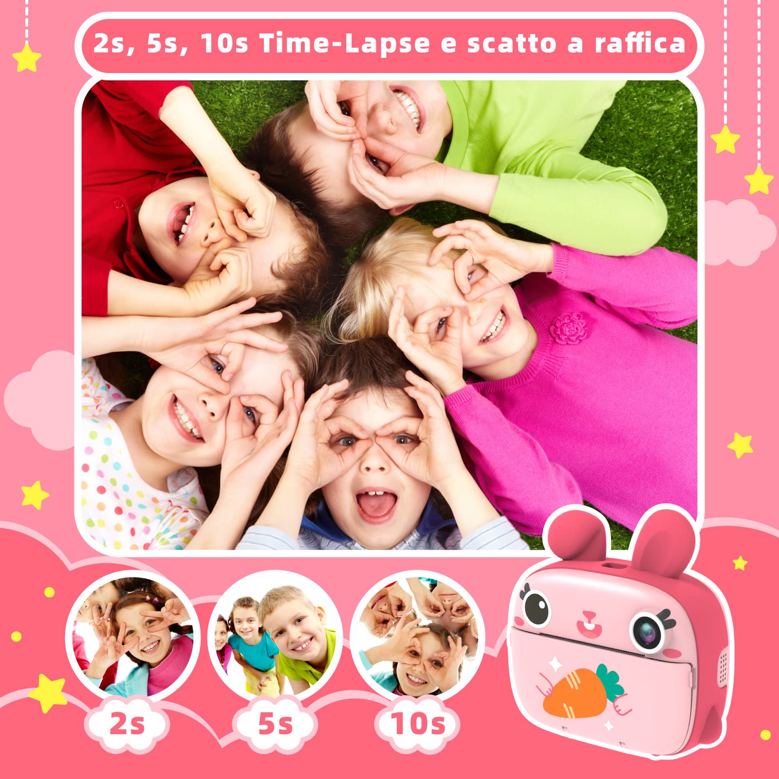 CAMCLID Macchina Fotografica Bambini Istantanea, 20MP/1080P HD Fotocamera Bambini con Carta da Stampa e 32G Scheda, Fotocamera Digitale Stampa Istantanea, Regalo per Bambini dai 3-12 Anni (Pink)
