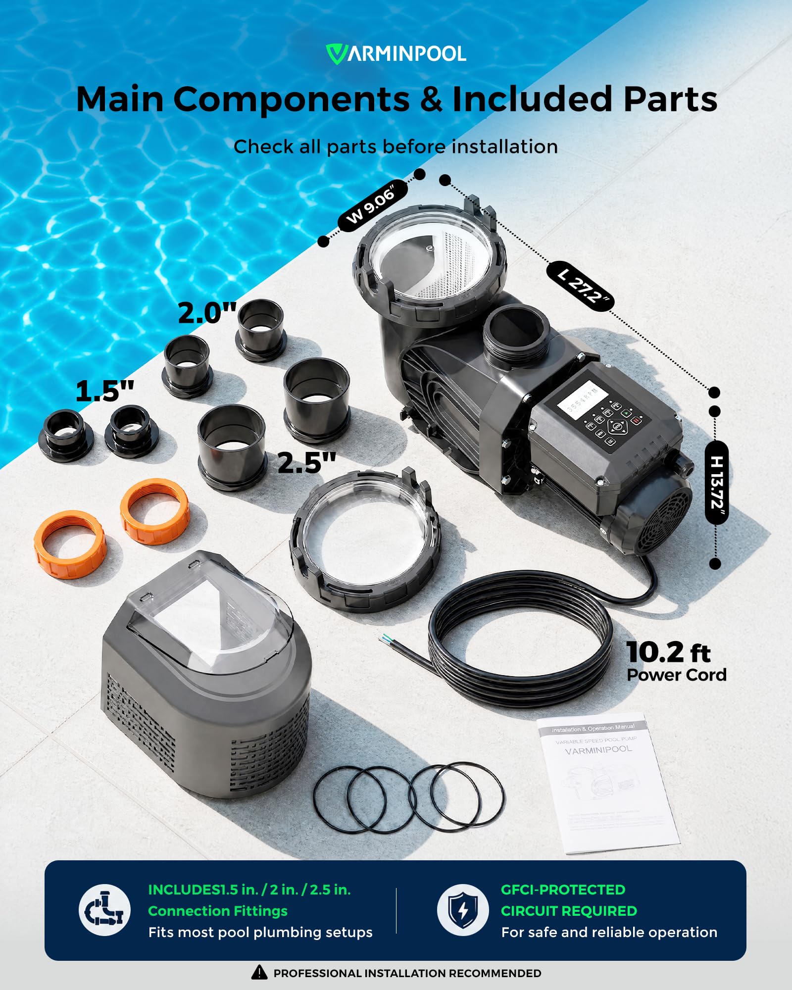 Bomba de piscina de velocidad variable 3.0HP, bomba de bajo consumo en el suelo de 220-240 V, ultra silenciosa, 11359 GPH, control de temporizador inteligente, cabeza de 80 pies, puerto