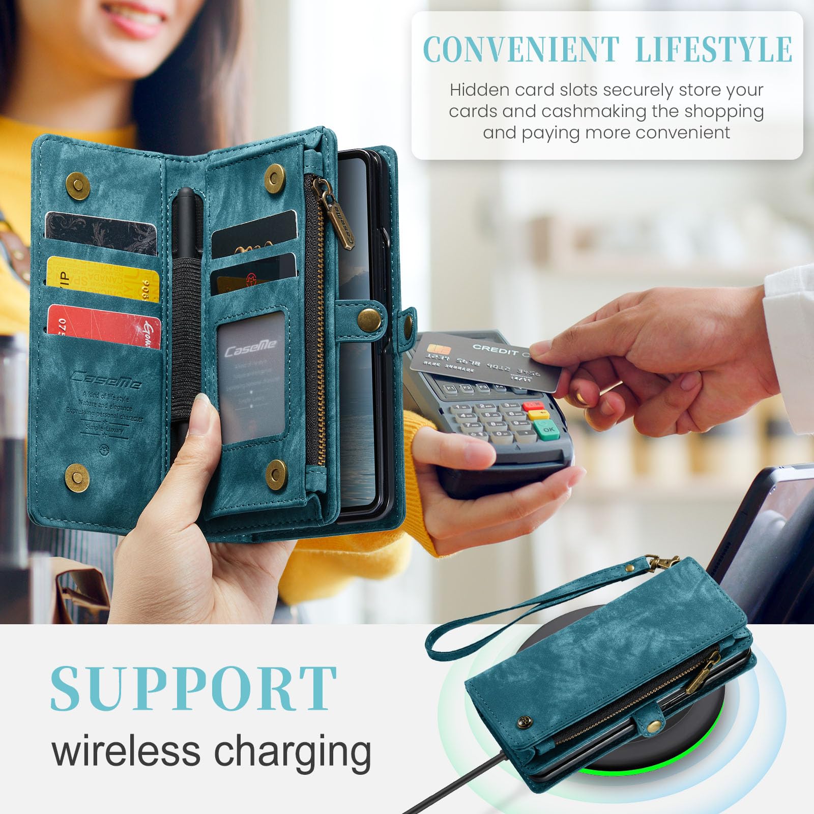 UFinetech Z Fold 6 Case, Shockproof Card Holder Flip Zipper Slots Wallet Cover for Galaxy Z Fold6 Case, Built-in S-Pen Holder - Image 4