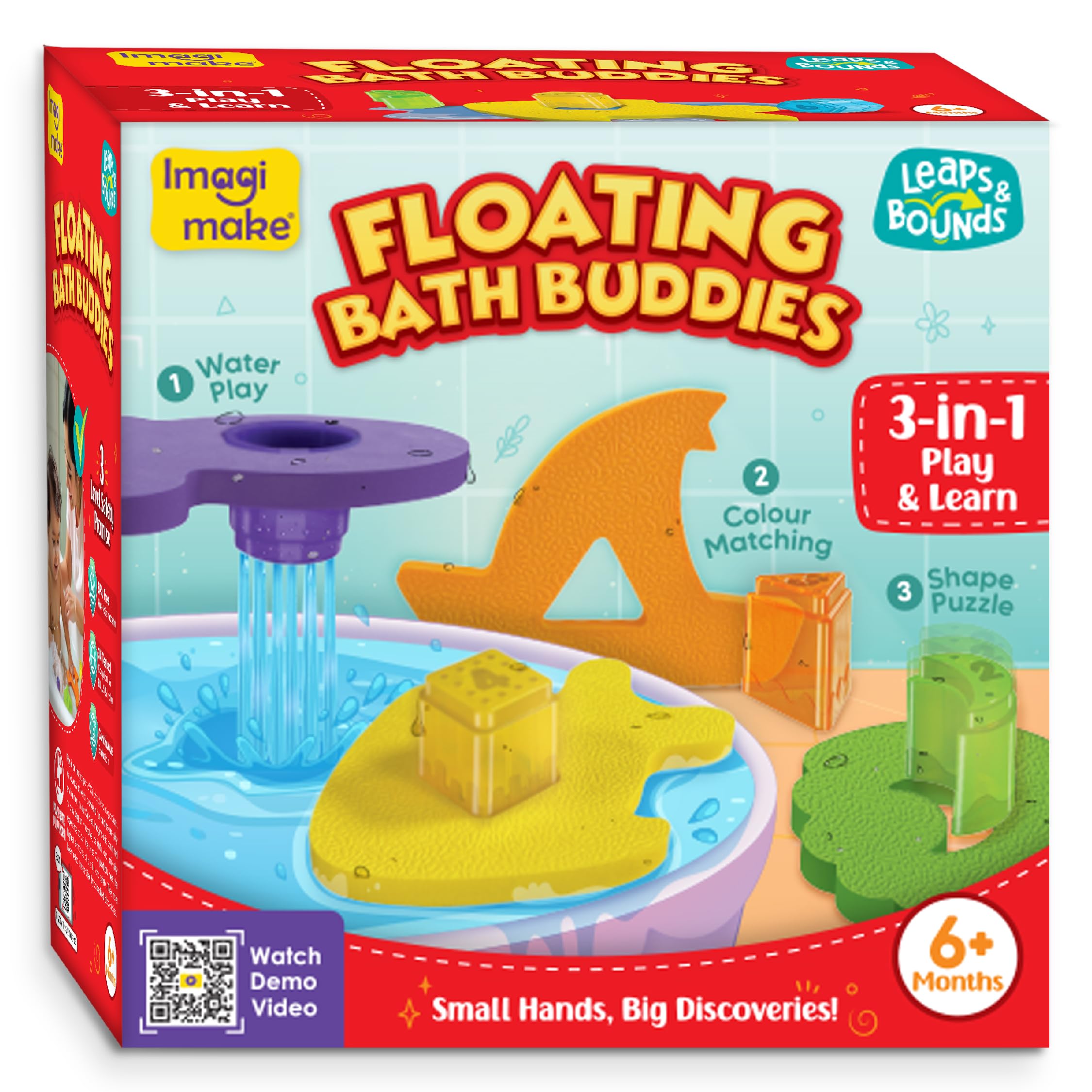 Imagimake Floating Bath Buddies |Leaps & Bounds Bath Toys for 6+ Months | Educational Toy for Toddlers | 3-in-1 Play & Learn Water play, Color Matching & Shape Puzzle | New Born Baby Gift for 6+Months — image 1