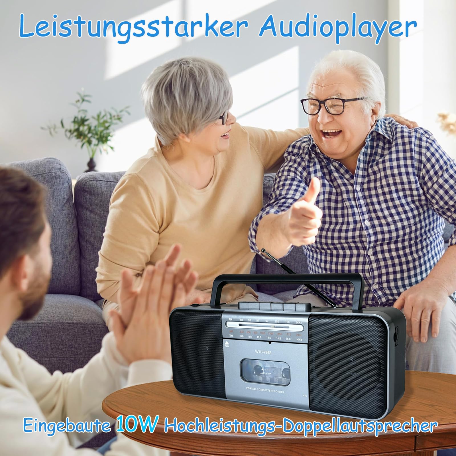 Boomboxen Tragbarer Kassettenrekorder mit AM/FM/SW-Stereoradio, Bluetooth, Aufnahme auf Kassette/USB/SD über Mikrofon, Kassette-zu-MP3-Konverter, 10-W-Lautsprecher, AC/DC-Stromversorgung