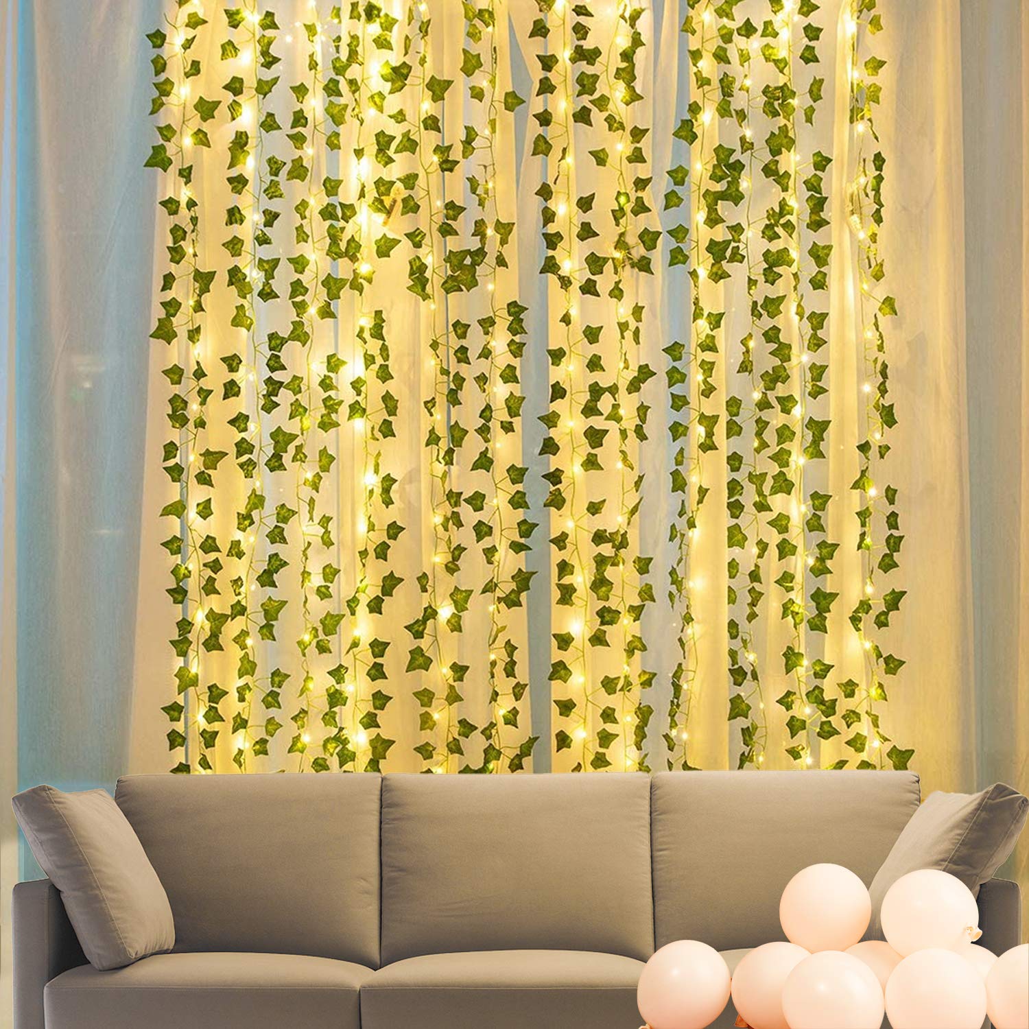 KASZOO 12 Catene Luminose A Edera Artificiale Con 252 LED - 25 Metri, IP65, USB/Batteria, 8 Modalità, Per Decorazioni Parete E Giardino