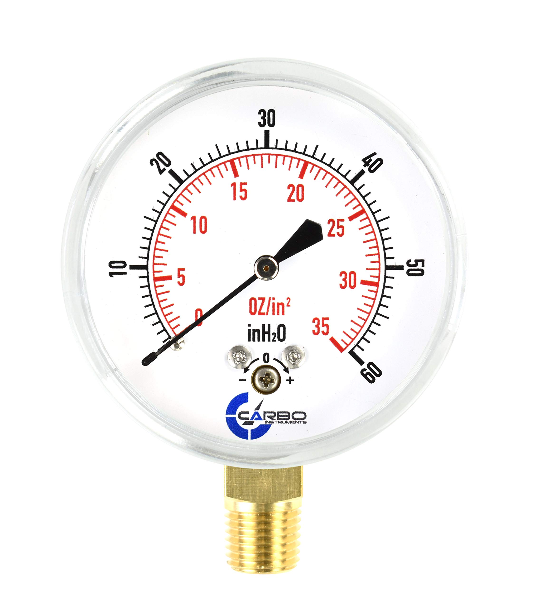 CARBO INSTRUMENTSDiaphragm Low Pressure Capsule Gauge, 2-1/2" Dial, 0-35 oz/0-60in H2O Range, 1/4" NPT Lower Mount, Chrome Steel Case, Brass Internals, Adjustable, Dual Scale 35 oz/60 inH2O (IWC)