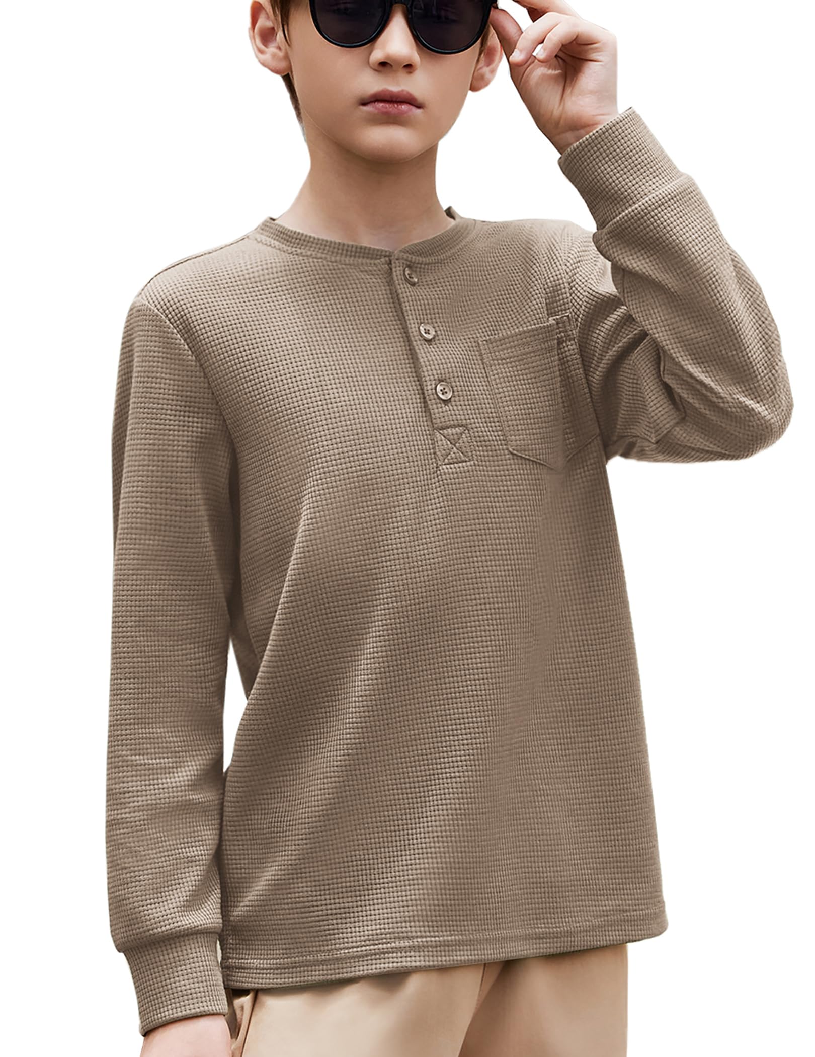 Arshiner Jungen Langarmshirt Henleyshirt Kinder Einfarbig Oberteile Top Frühling Herbst Winter Basic Langarm Freizeit Tshirts mit Brusttasche für Junge 5-12 Jahre