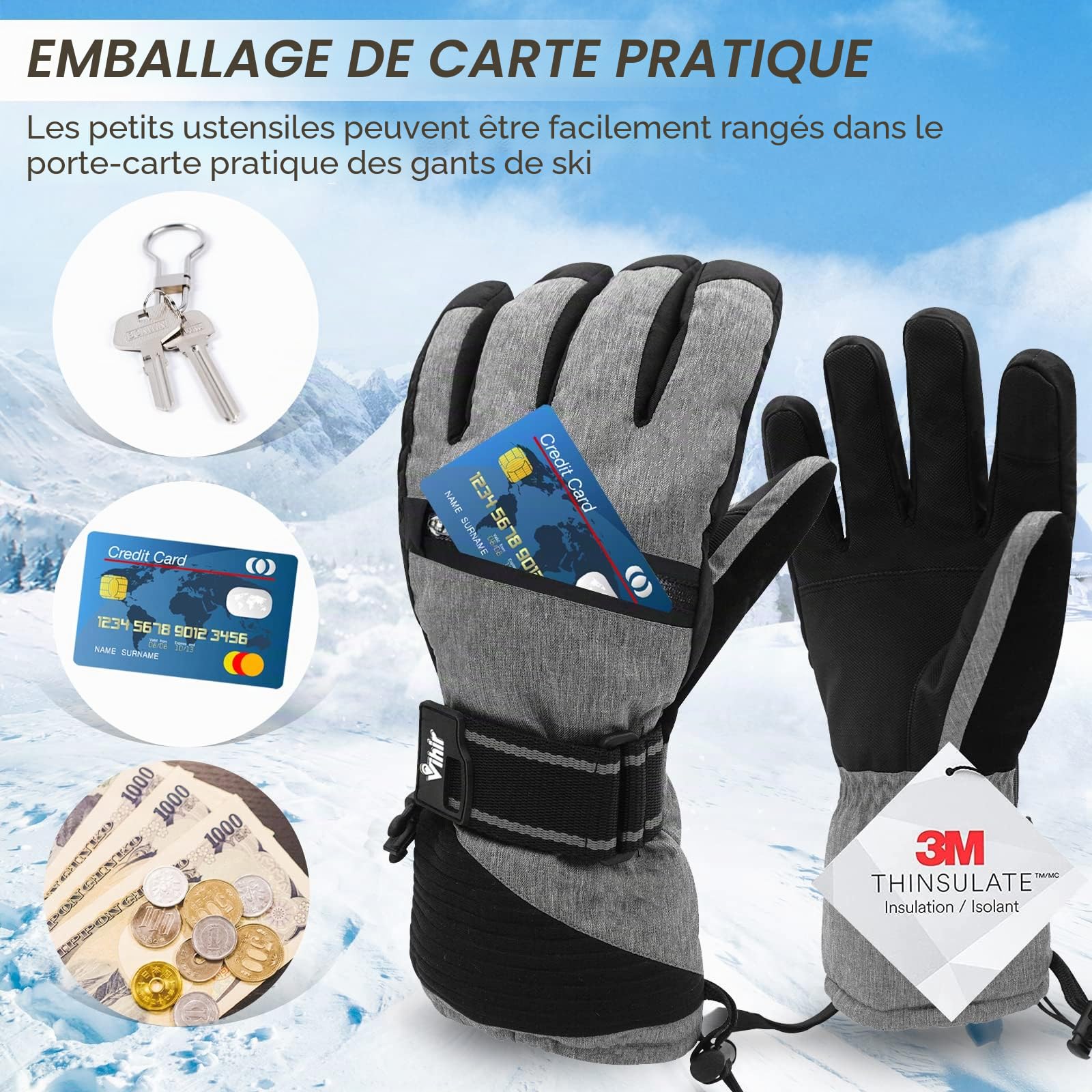 Vihir Gants de Ski d'hiver pour Homme et Femme, Gants Thermiques 3M Imperméables, Gants de Cyclisme Chauds, Vent Respirant Antidérapant Idéal pour Ski Snowboard Course Cyclisme