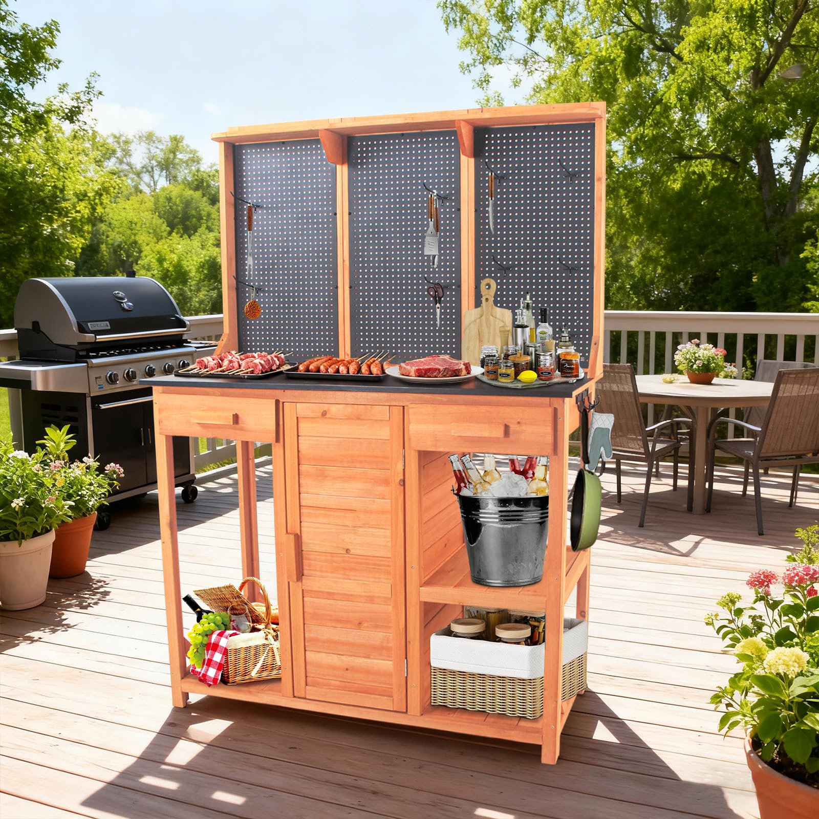 Armadio da giardino in legno resistente alle intemperie, per esterni, con parete forata, cassetti e spazio di archiviazione, resistente alle intemperie, per la cucina all'aperto, con ripiani e