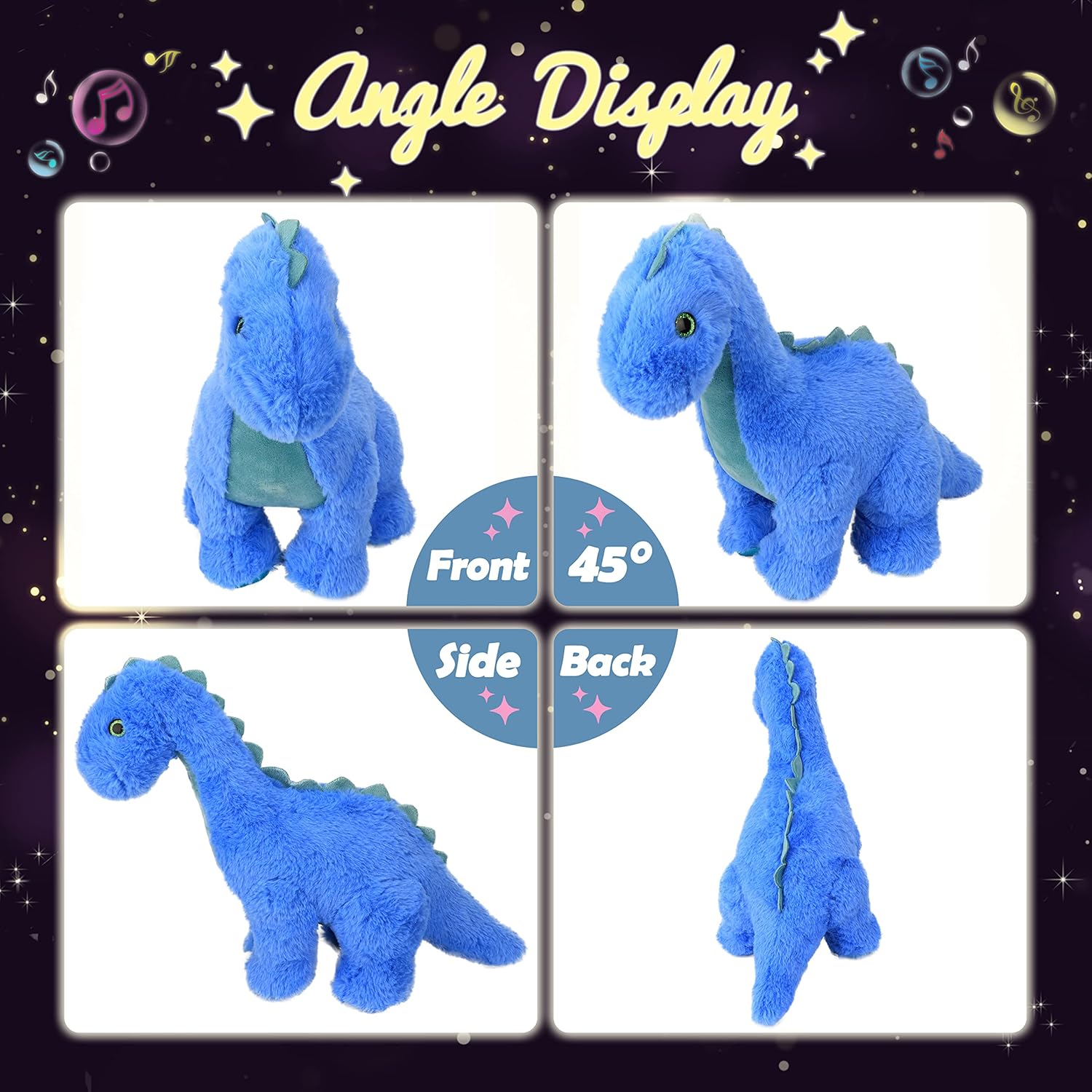 Hopearl LED Musical Stuffed Dinosaur Lighting Up Singing Diplodocus Soft Plush Toy with Long Neck Adjustable Volume Lullaby Animated Soothe Gifts for Kids Toddlers, Blue, 16''