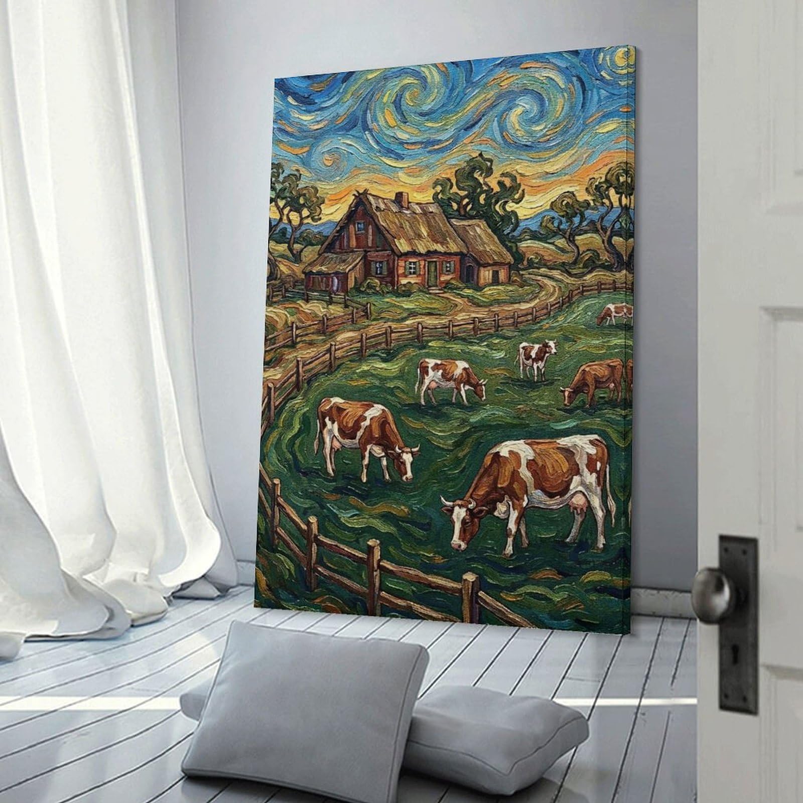 Junmoney Cows Grazing Near Farmhouse Painting Canvas Art Print, 24x36inch(60x90cm), for Restful Interiors, Bedrooms Or Small Rooms, A Warm Accent for Relaxed Interiors