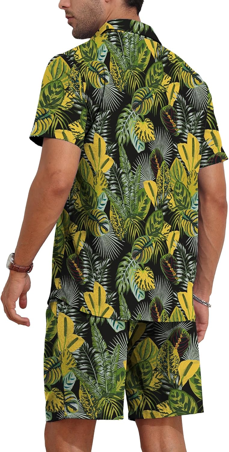 YTD Mens Flower Hawaiian 2 Piece Outfit Sets Short Sleeve Beach Casual Button Down Shirt and Shorts Suits - Image 4