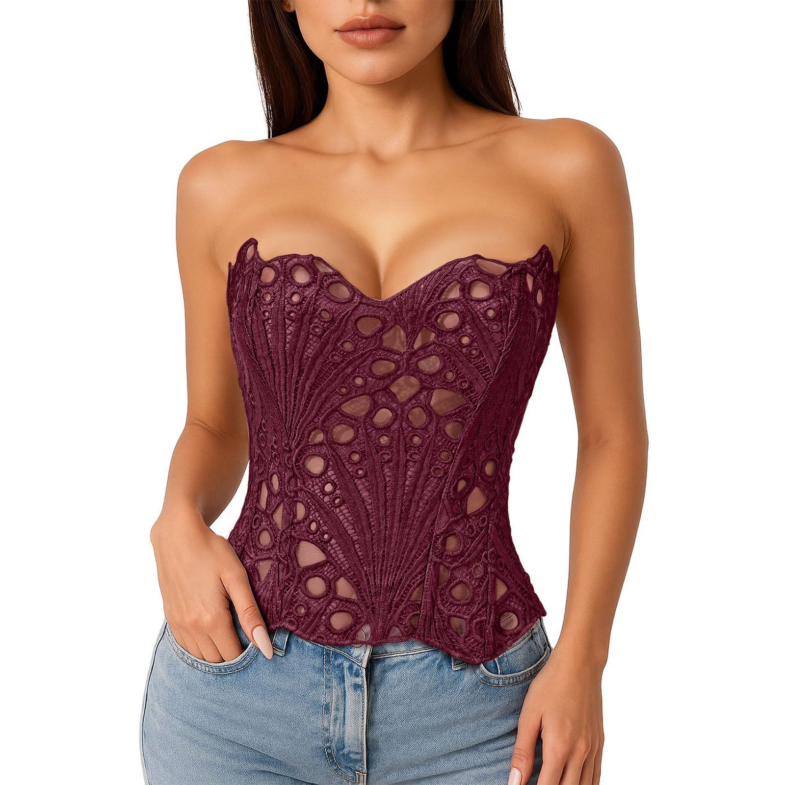 Corsetto top da donna scavato senza spalline overbust bustier pizzo shapewear lingerie senza maniche bodyshaper top Y2K sexy per uscire feste Clubwear corpetto