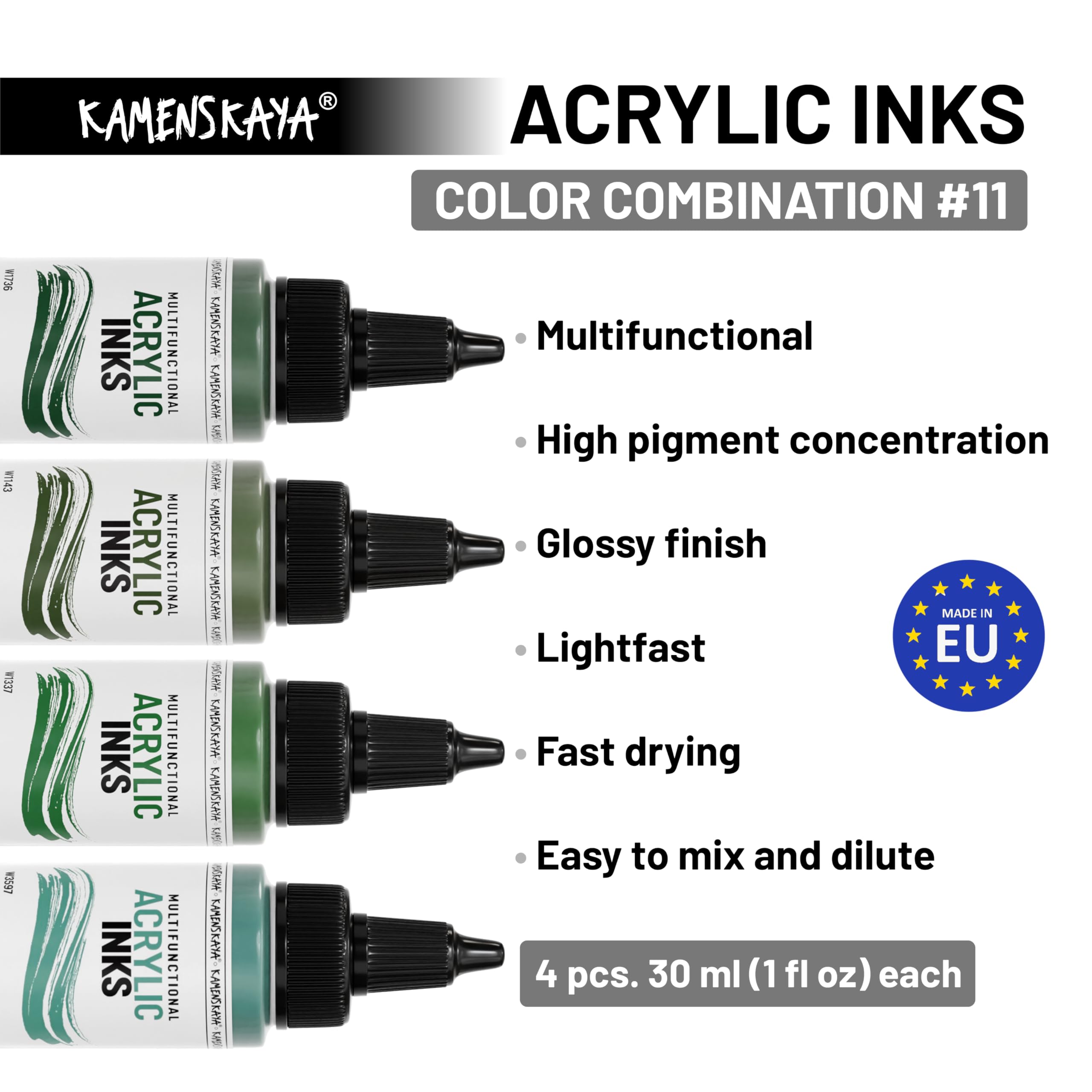 Kamenskaya Acrylic Inks for Artists - Acrylic Ink Set, Color Combination #11-4 pcs. 1 Fl Oz (30 ml) Each, 30 ml (Pack of 4) - Image 3