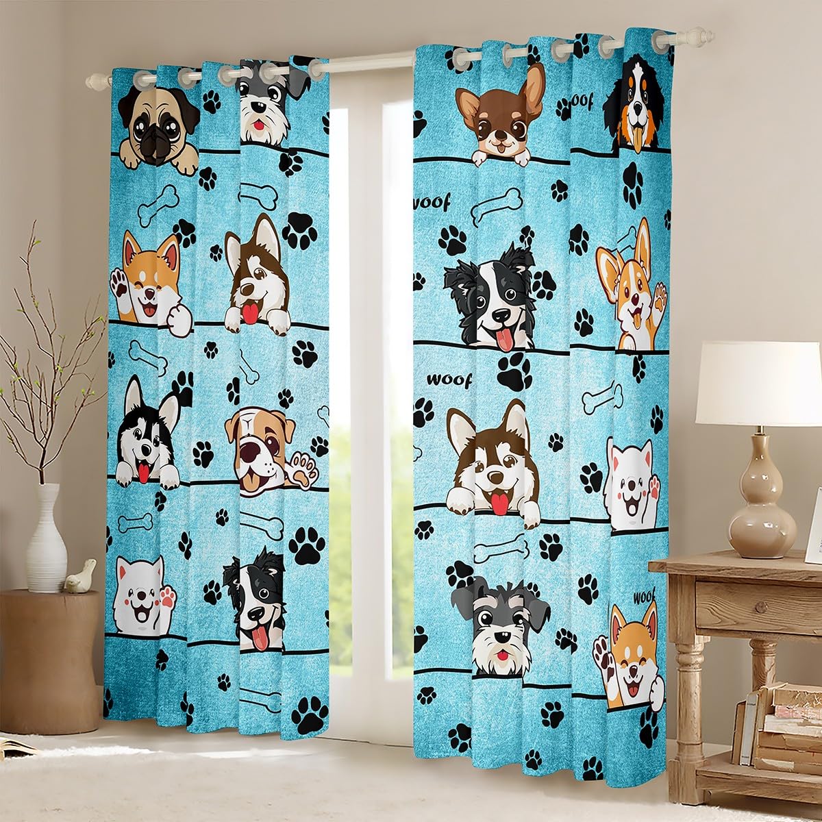 Lovely Dog Window Drapes for Boys Girls Bedroom,Cute Puppies Cartoon Animal Window Treatments Microfiber Polyester 42Wx63L Inches,Kawaii Paw Print Blue Window Curtains (Not Blackout)