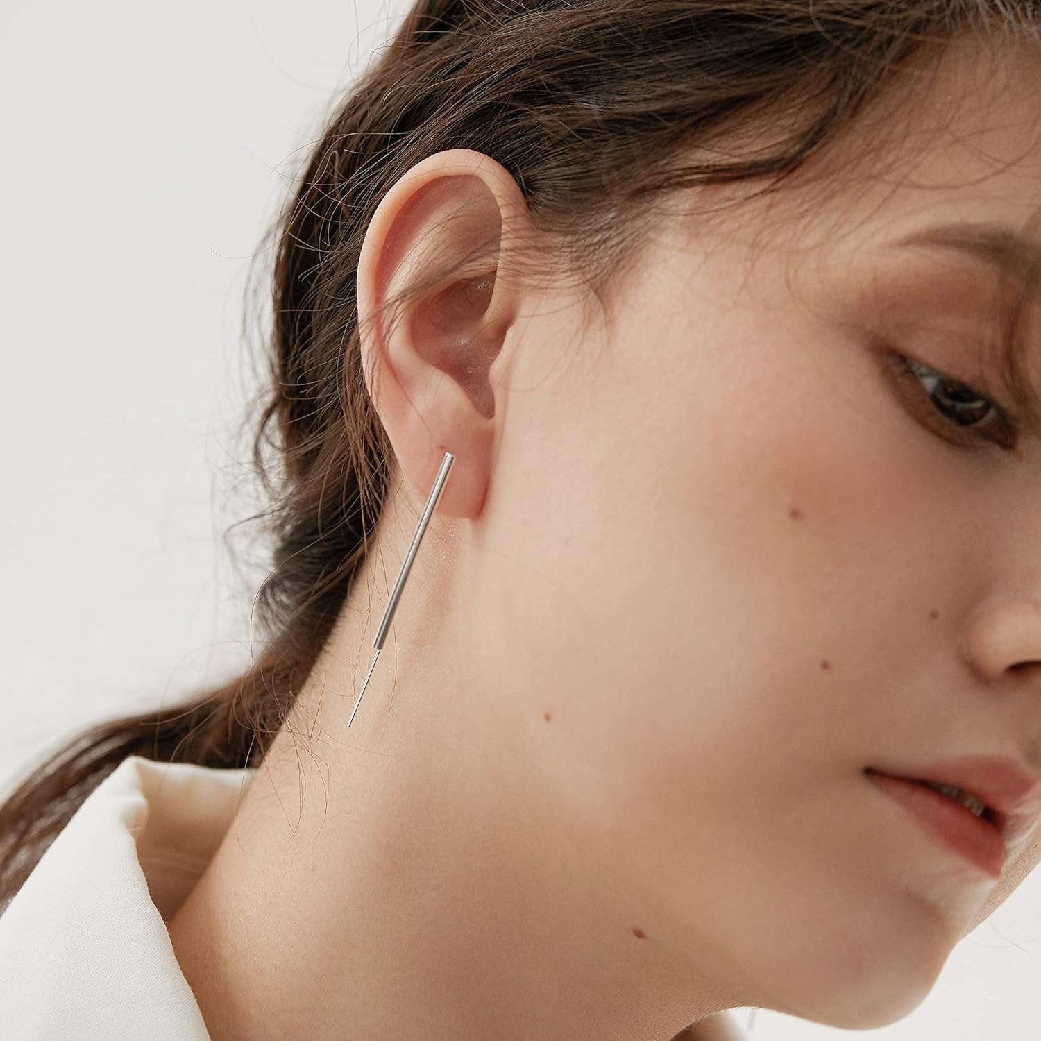 Handmade Curved 925 Sterling Silver Earrings Hypoallergenic Drop Dangle Threader Earrings Minimalist Modern Long Thin Geometric Linear Threader Hoops Earrings for Women Teen Girls - Image 6