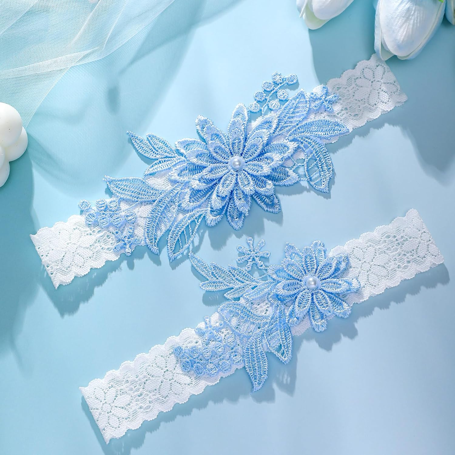 2 Pieces Wedding Garters for Bride Sexy Lace Leg Garter Belt Hand Sewn Faux Pearls Bride Garter Set