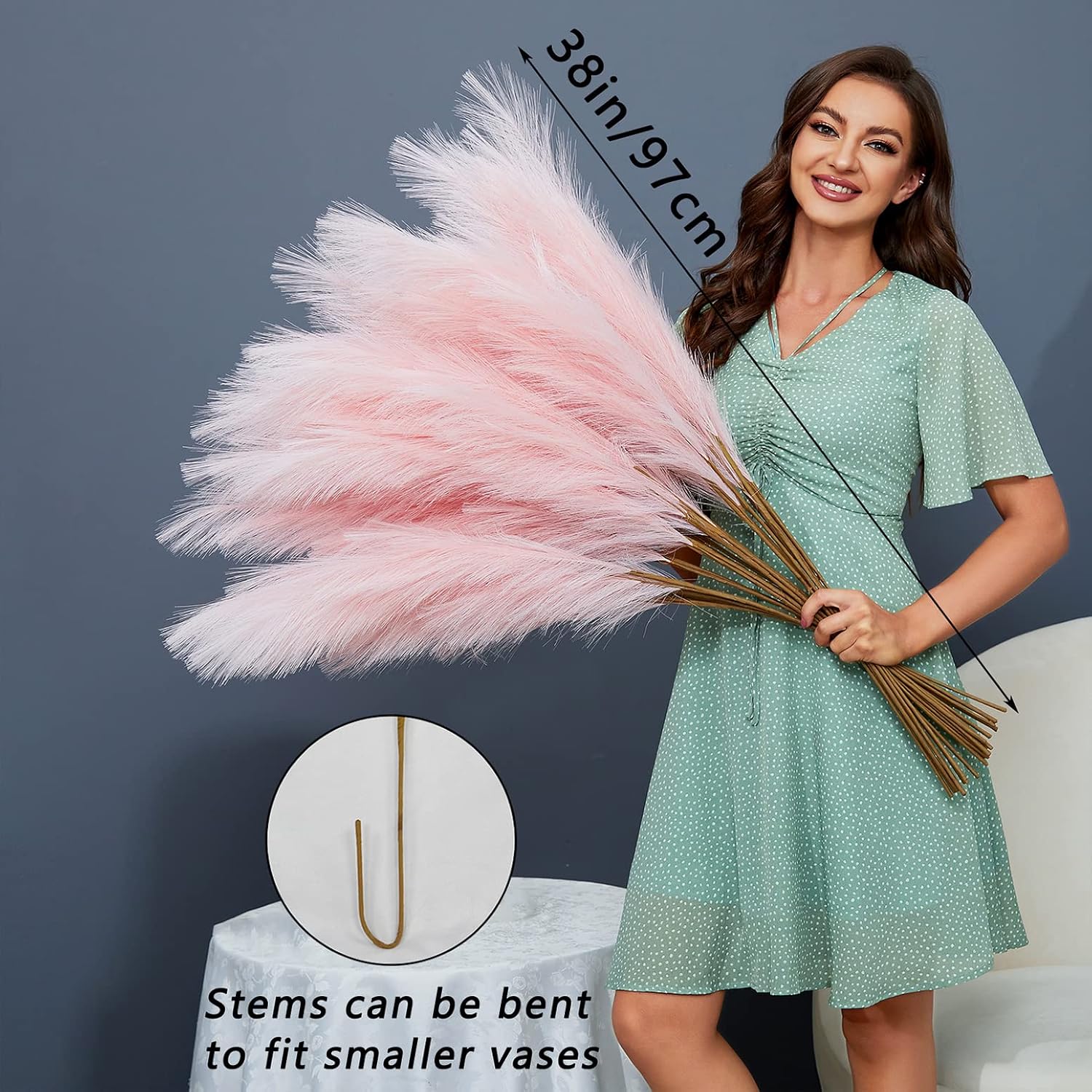 FOTEEWL 8 PCS 38"/3.1FT Large Artificial Pampas Grass Branches(Pink) | Fluffy Dense Lifelike Fake Pampas Floral, Tall Fake Pampas Plants Stems, for Floor Vase Filler Home Boho Decor