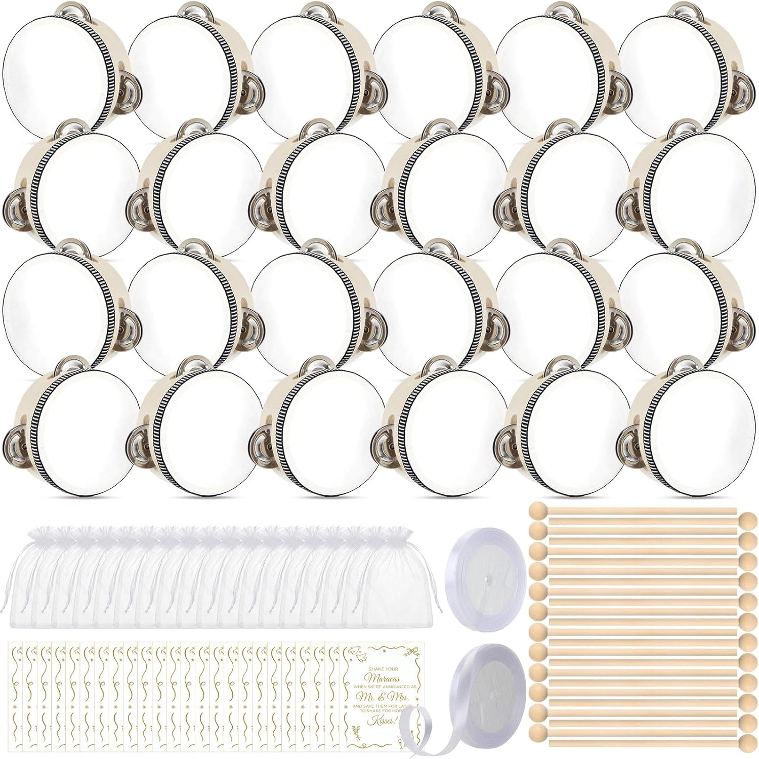 24 Set 4 Inch Tambourine Bulk for Adults Mini Tambourines Wooden Hand Held Drum with Stick Gift Cards Ribbon Organza Bags or Church Wedding Party Favor Ktv Game