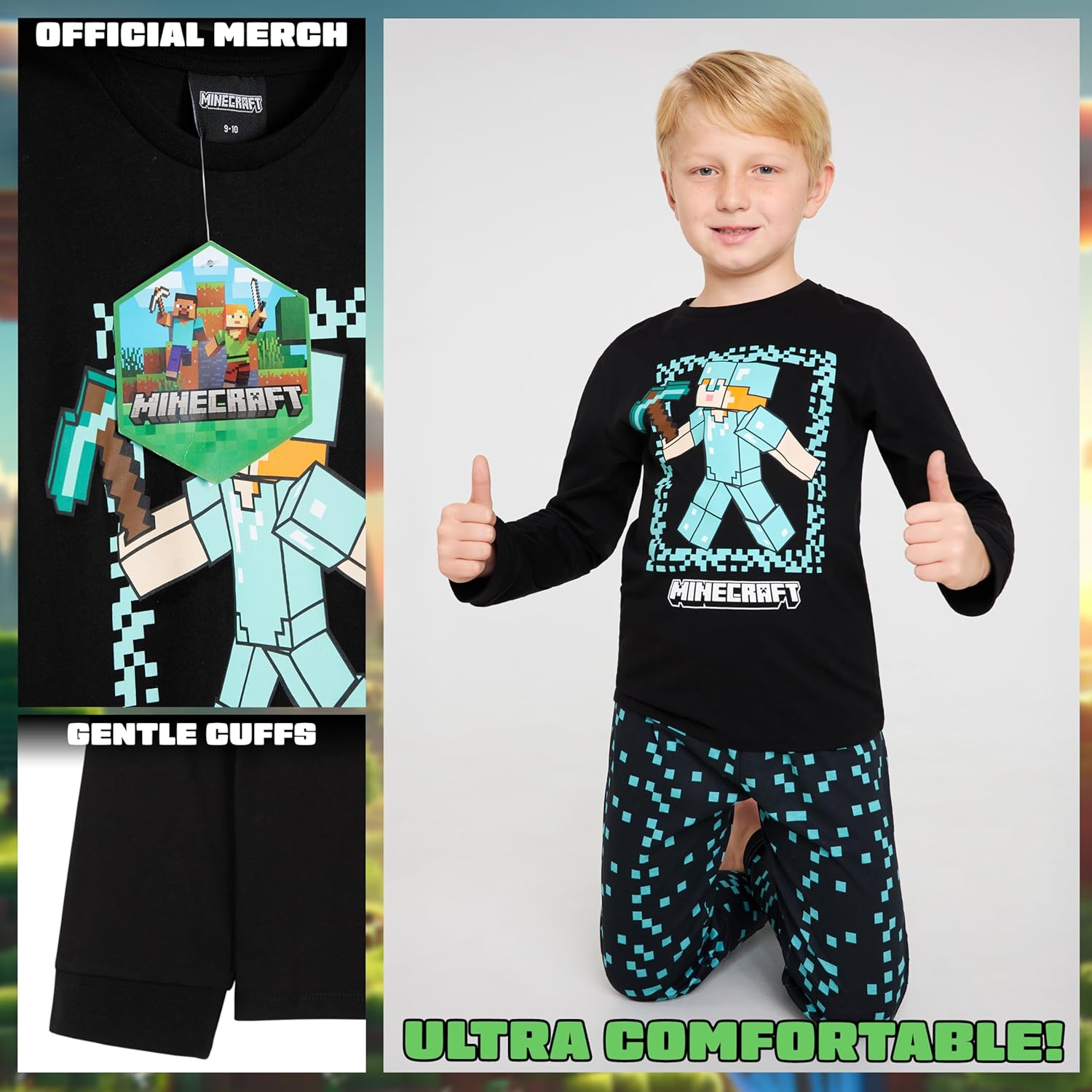 Minecraft 2-Pc Boys Pajama Set with Long Sleeve Cotton T Shirt & PJ Pants, Sleepwear Size 7-14, Creeper Gamer Gifts for Boys - Image 4